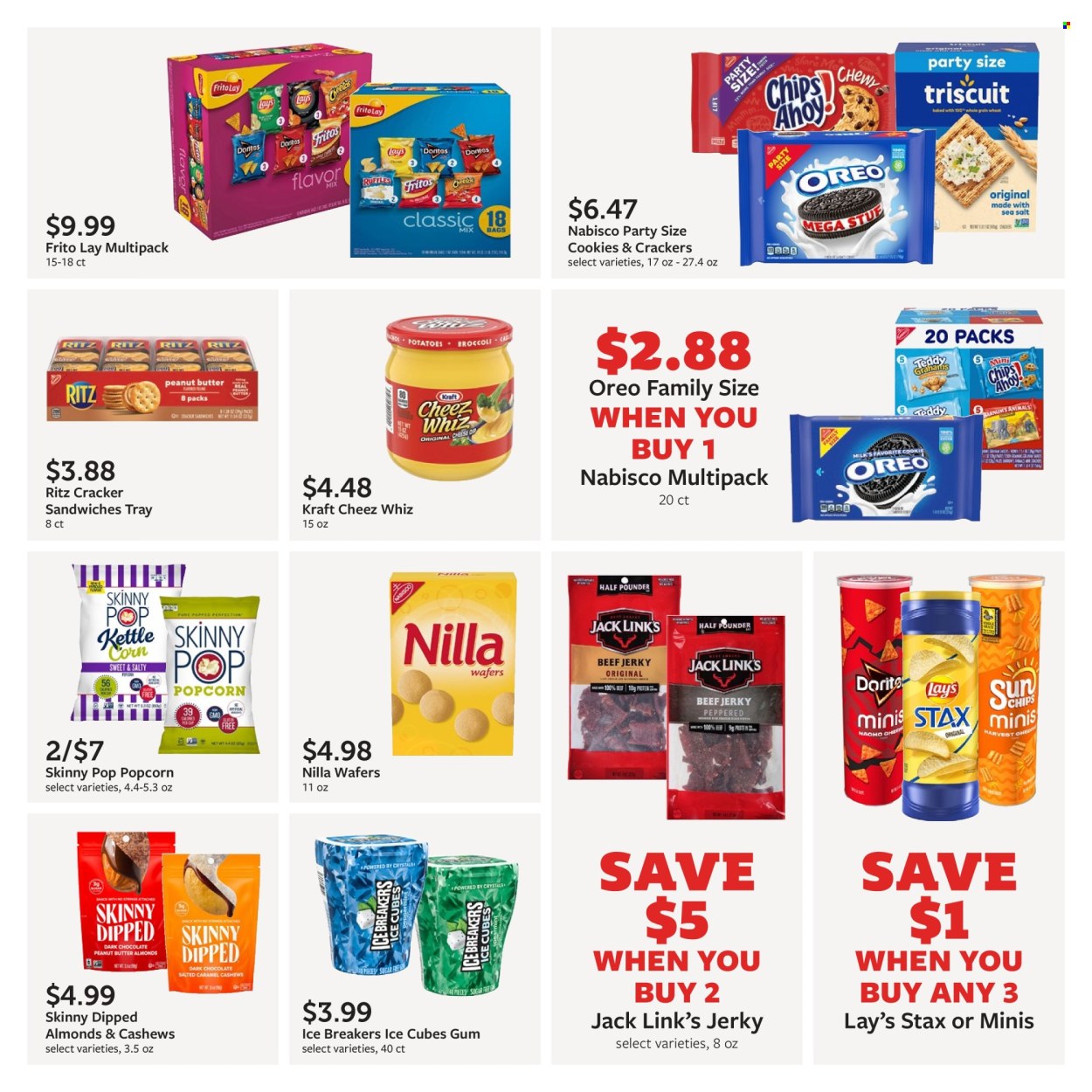 thumbnail - Fareway Flyer - 06/03/2024 - 07/06/2024 - Sales products - potatoes, Kraft®, beef jerky, jerky, cheese spread, Oreo, dip, wafers, chocolate, ice cubes gum, crackers, dark chocolate, ice cubes, RITZ, Nabisco, Doritos, Fritos, Cheetos, Lay’s, popcorn, Ruffles, Skinny Pop, Jack Link's, salty snack, almonds, cashews. Page 22.