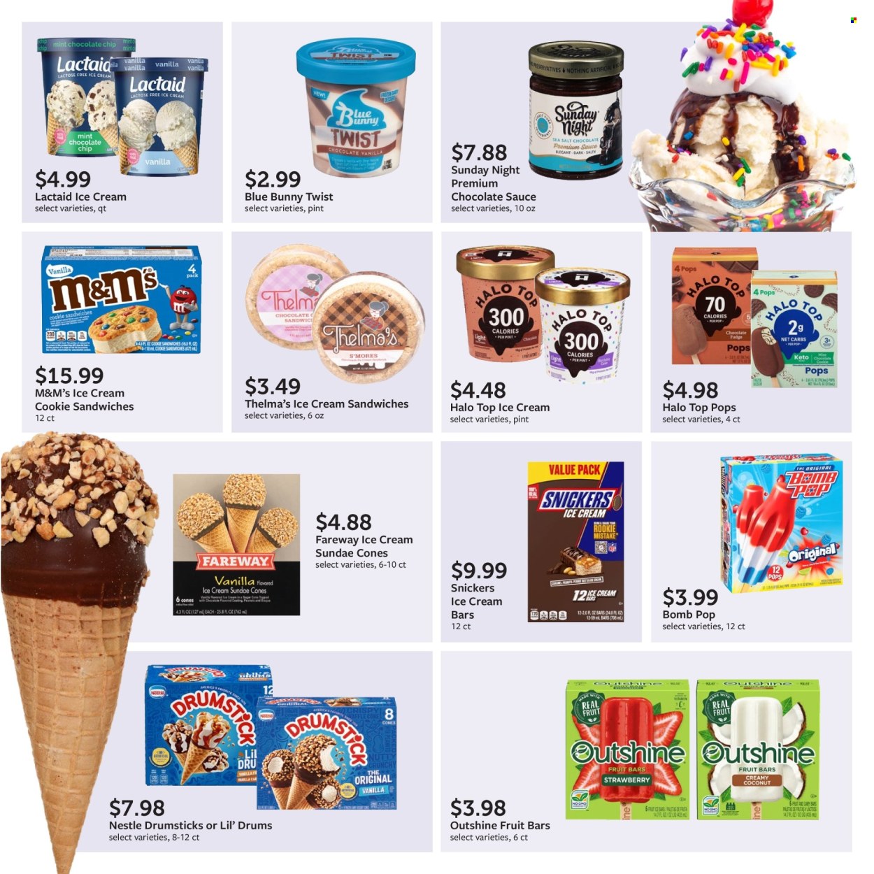 thumbnail - Fareway Flyer - 06/03/2024 - 07/06/2024 - Sales products - Lactaid, sandwich cookies, ice cream, ice cream bars, ice cream sandwich, Blue Bunny, fruit bar, ice cones, popsicle, Nestlé, M&M's, sugar, sea salt, sauce. Page 23.