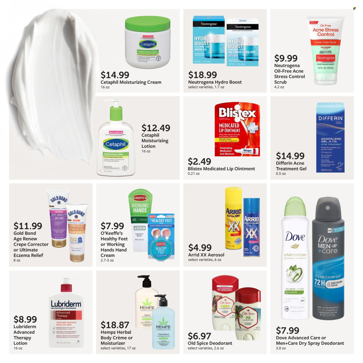 thumbnail - Fareway Flyer - 06/03/2024 - 07/06/2024 - Sales products - Dove, ointment, Old Spice, moisturizer, Neutrogena, moisturing cream, acne care, Cetaphil, skin care product, body lotion, Lubriderm, hand cream, anti-perspirant, fragrance, deodorant, corrector, dietary supplement, vitamins, eczema therapy. Page 34.