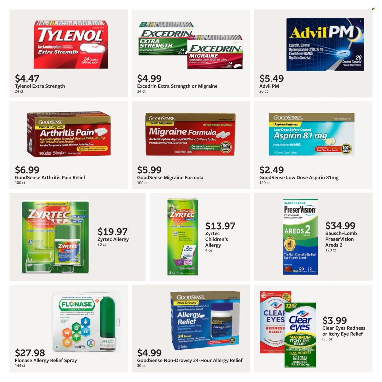 thumbnail - Fareway Flyer - 06/03/2024 - 07/06/2024 - Sales products - syrup, lubricant, pain relief, Excedrin, Tylenol, Zyrtec, Ibuprofen, eye drops, Advil Rapid, Low Dose, aspirin, Bayer, nasal spray, allergy relief, allergy control, pain therapy. Page 35.
