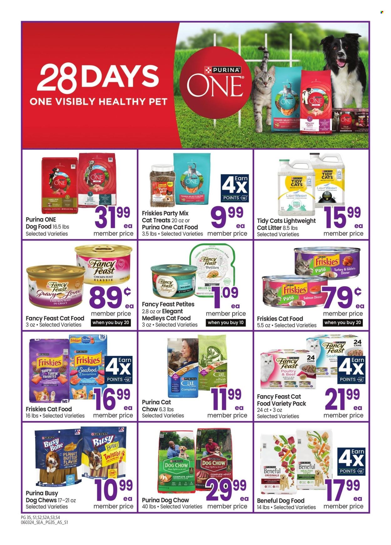 thumbnail - Safeway Flyer - 06/03/2024 - 07/07/2024 - Sales products - broth, peanut butter, animal food, animal treats, cat food, dog food, Dog Chow, Purina, dog chews, Fancy Feast, Friskies, grill. Page 35.