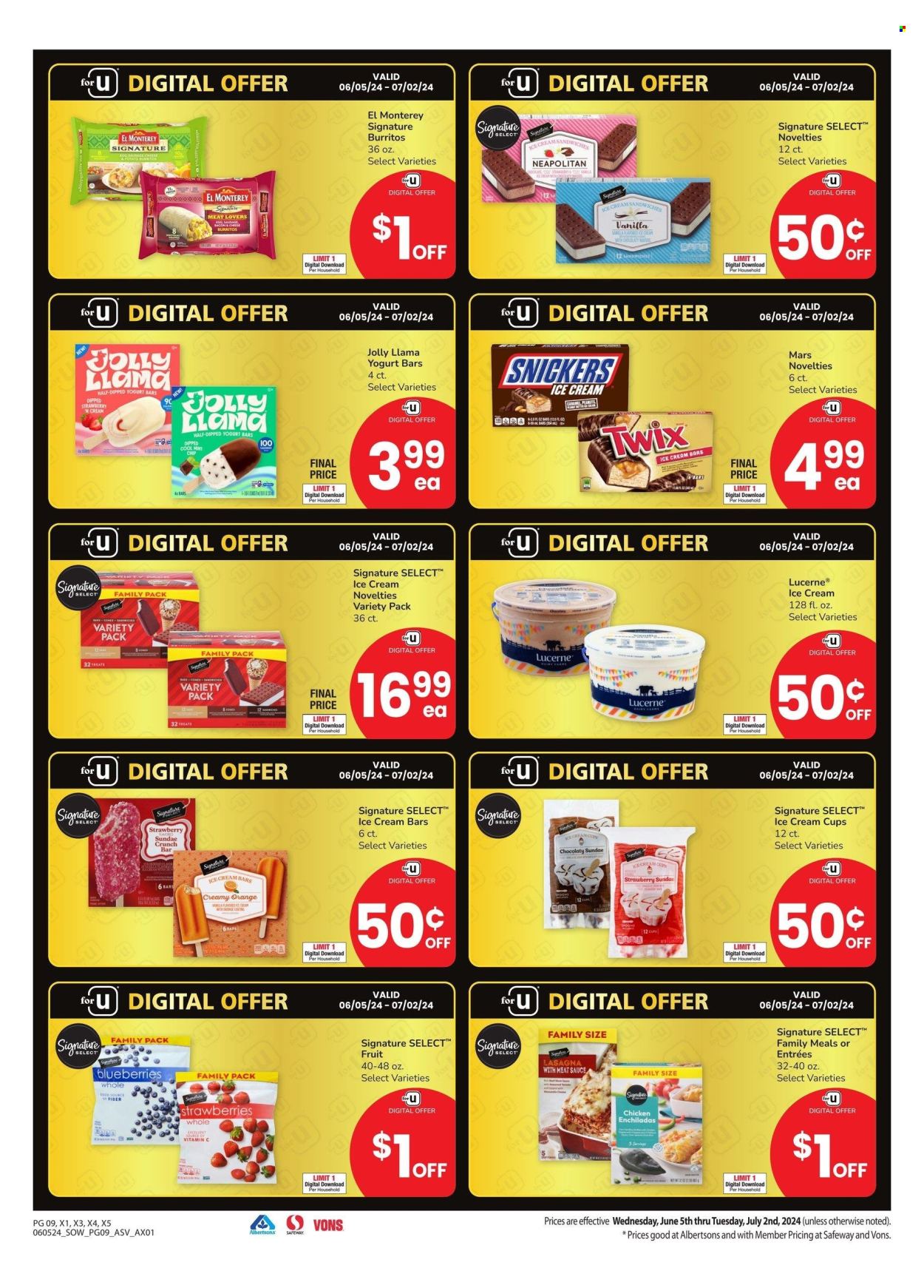 thumbnail - Albertsons Flyer - 06/05/2024 - 07/02/2024 - Sales products - bars, ready meal, burrito, ice cream, Mars, ice cream bars, waffle cones. Page 9.