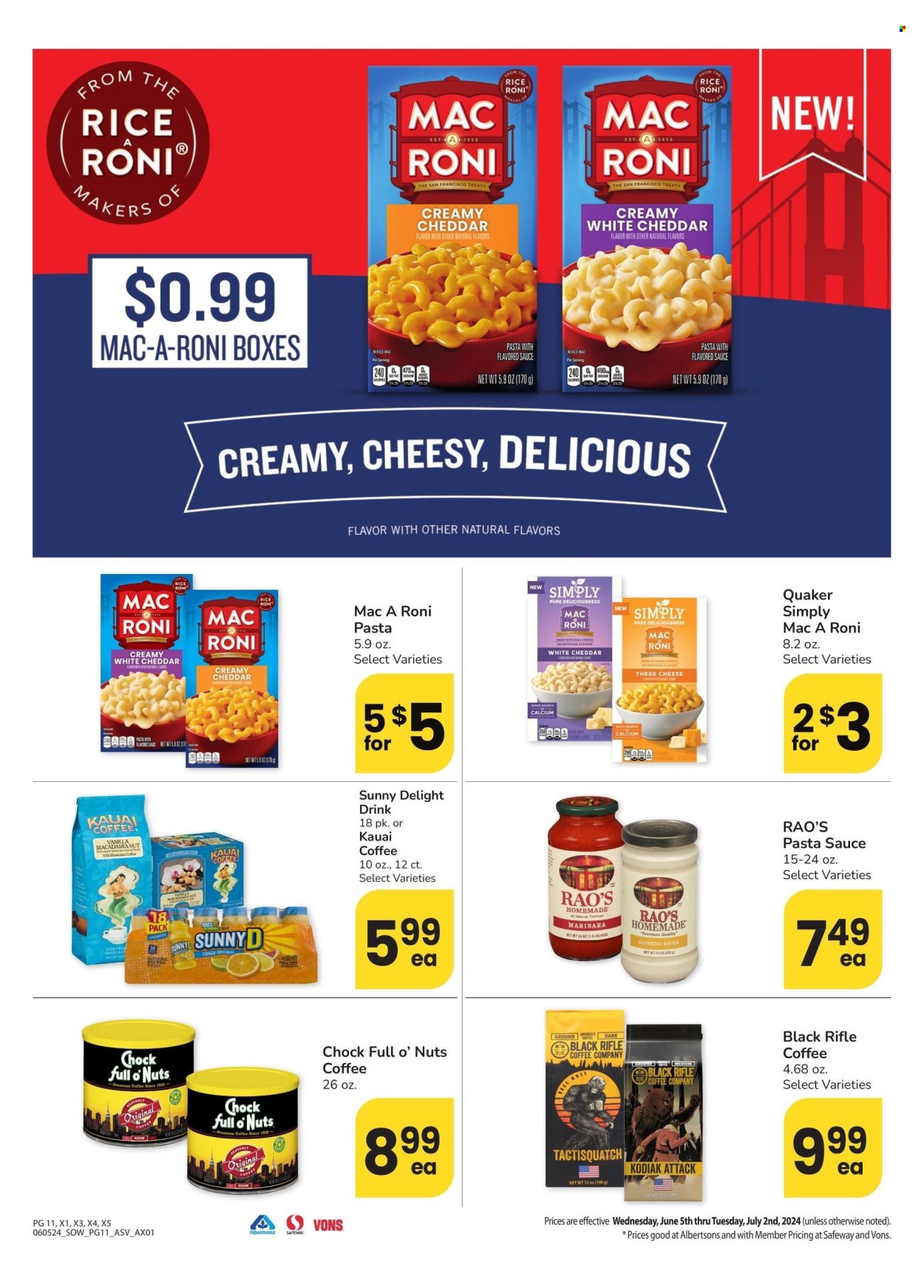 thumbnail - Albertsons Flyer - 06/05/2024 - 07/02/2024 - Sales products - pasta, Quaker, pasta sauce, spaghetti sauce, sauce, coffee, fruit drink. Page 11.