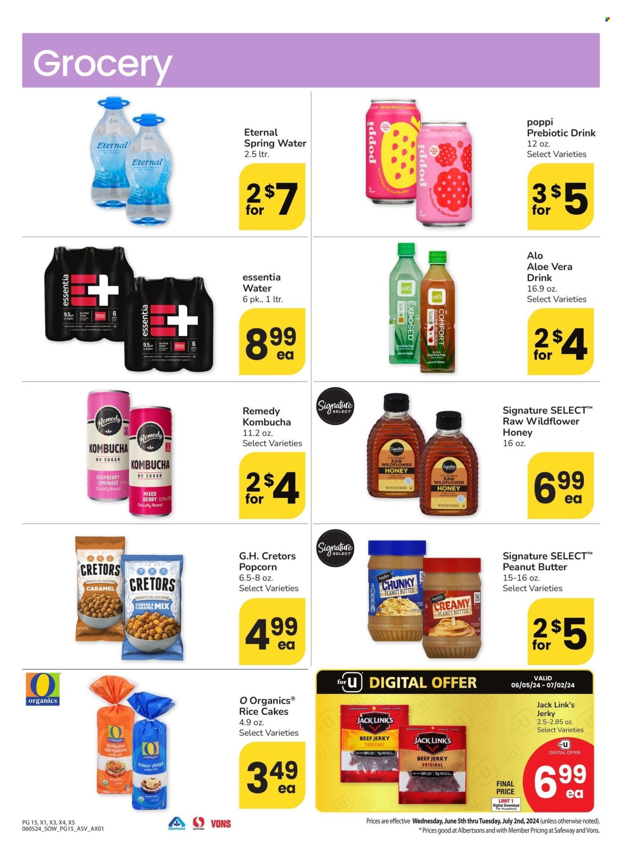 thumbnail - Albertsons Flyer - 06/05/2024 - 07/02/2024 - Sales products - jerky, Jack Link's, rice cakes, peanut butter, bottled water, water, aloe vera, spring water, honey, popcorn, kombucha. Page 15.