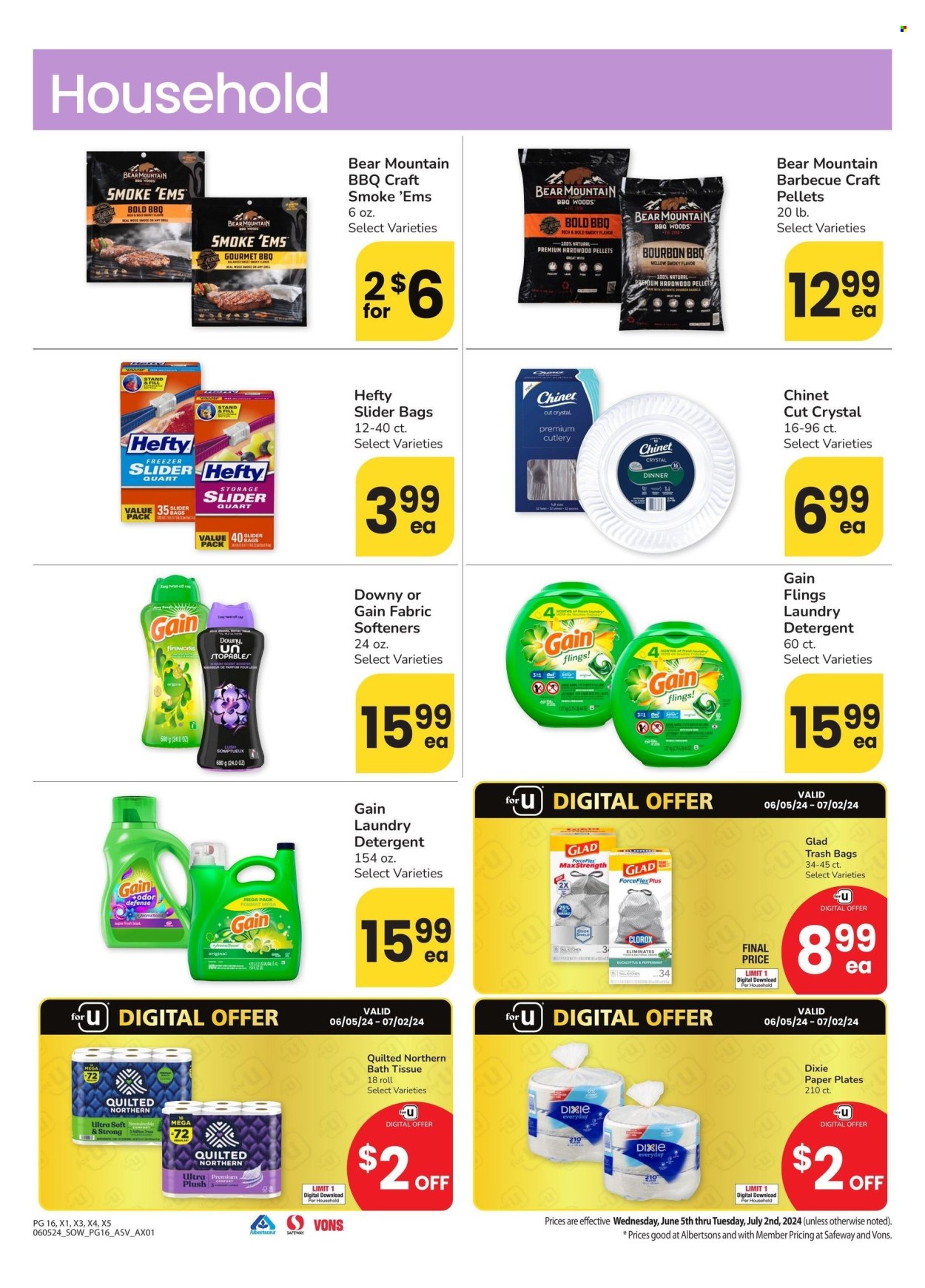 thumbnail - Albertsons Flyer - 06/05/2024 - 07/02/2024 - Sales products - bag, Hefty, storage bag, Gain, fabric softener, bath tissue, Quilted Northern, detergent, laundry detergent, plate, paper plate, Dixie, trash bags. Page 16.