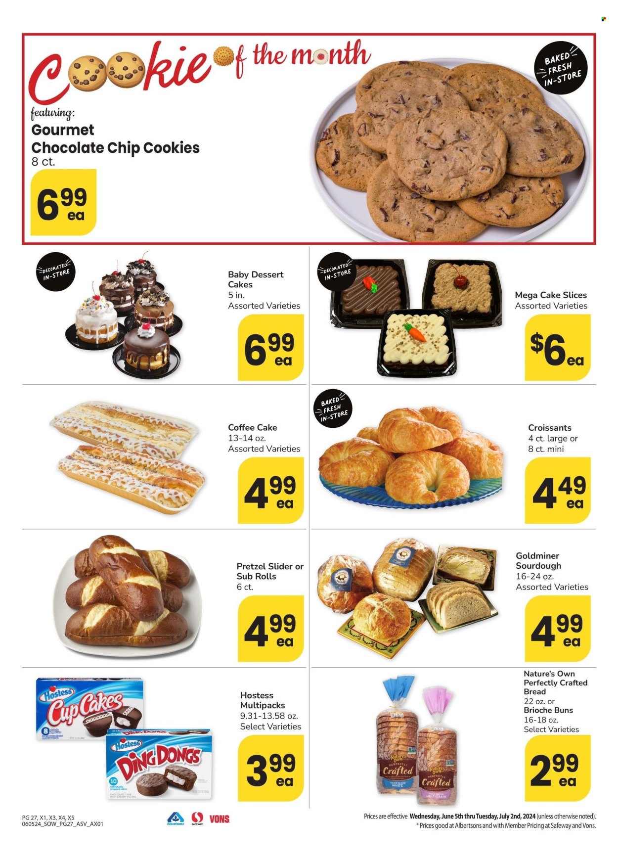 thumbnail - Albertsons Flyer - 06/05/2024 - 07/02/2024 - Sales products - pastries, cake, coffee cake, cookies, pretzels, sandwich rolls, snack cake, dessert, bread, buns, brioche, Nature's Own, croissant. Page 27.