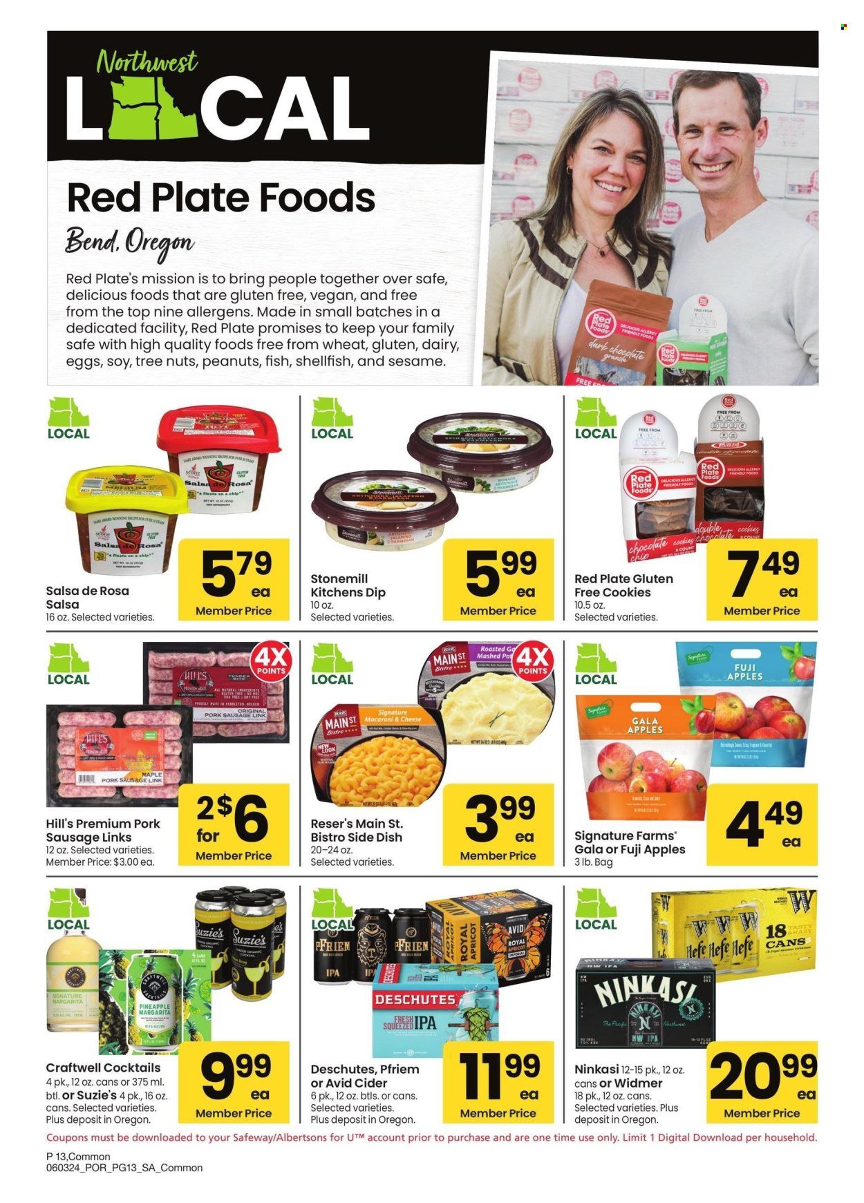 thumbnail - Albertsons Flyer - 06/03/2024 - 07/07/2024 - Sales products - cookies, cocktail, dip, sausage, pork sausage, Hill's, salsa, apples, Gala, Fuji apple, alcohol, cider. Page 13.