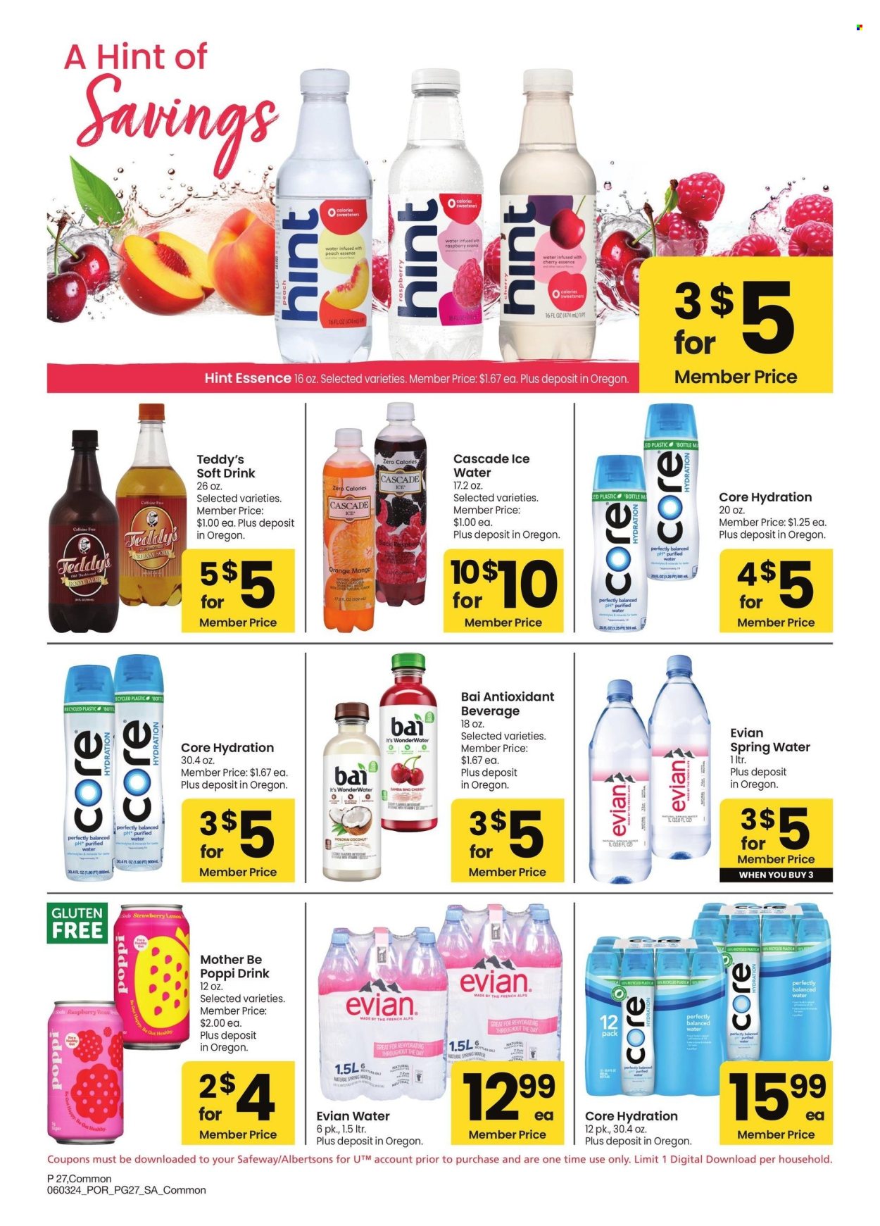 thumbnail - Albertsons Flyer - 06/03/2024 - 07/07/2024 - Sales products - Evian, water, Bai, antioxidant drink, spring water, soft drink, Cascade. Page 27.