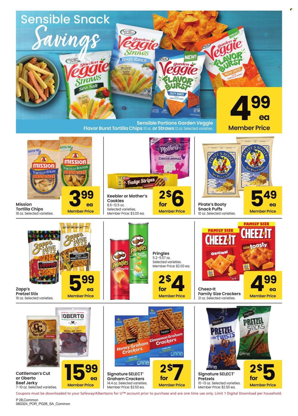thumbnail - Albertsons Flyer - 06/03/2024 - 07/07/2024 - Sales products - pretzels, Pringles, chips, salty snack, graham crackers, crackers, cookies, Keebler, tortilla chips, straw, puffs, snack, beef jerky, jerky. Page 28.