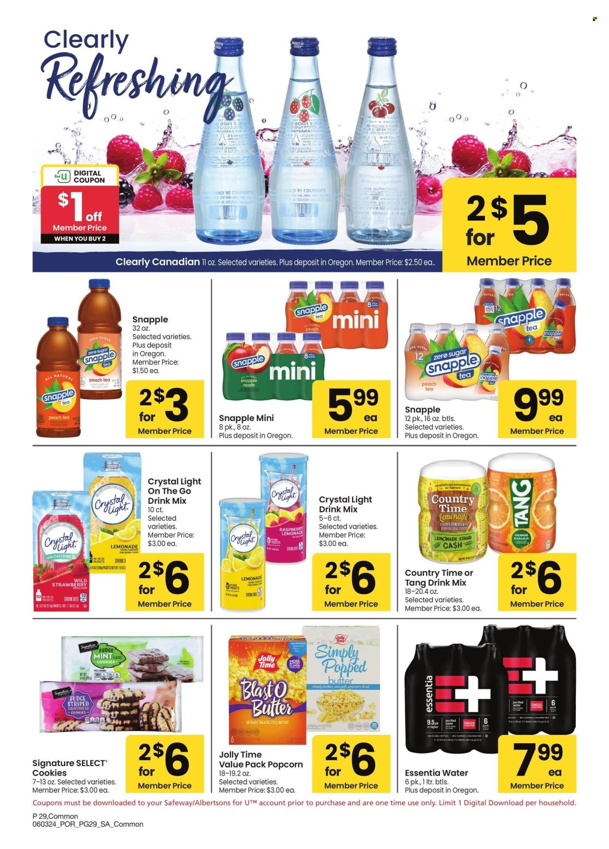 thumbnail - Albertsons Flyer - 06/03/2024 - 07/07/2024 - Sales products - fruit drink, Snapple, Country Time, popcorn, cookies, bottled water, water, powder drink. Page 29.