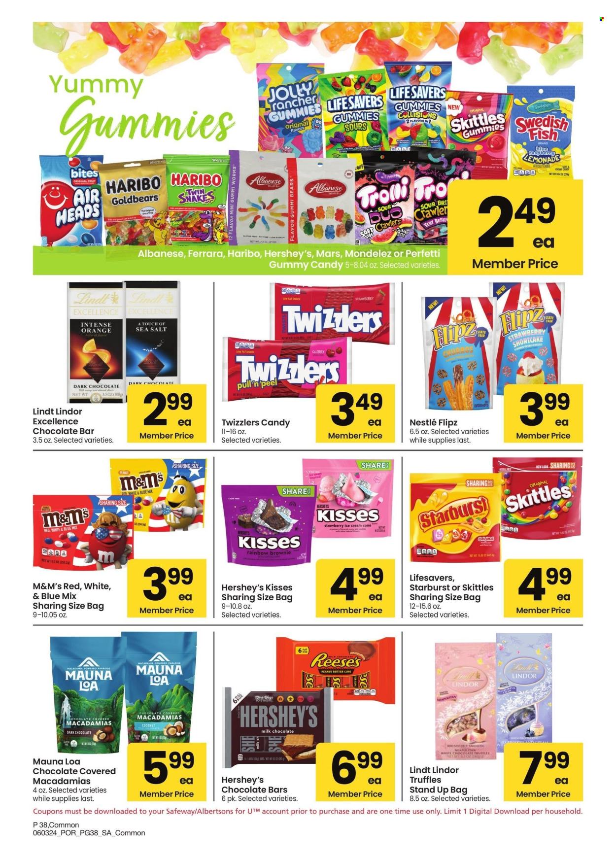 thumbnail - Albertsons Flyer - 06/03/2024 - 07/07/2024 - Sales products - Hershey's, Candy, sweets, chocolate bar, bars, Lindt, Lindor, Nestlé, Haribo, Mars, jelly candy, gummies, M&M's, Skittles, Starburst, bag, macadamia nuts. Page 38.
