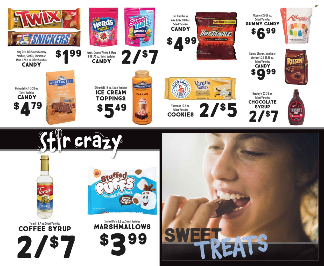 thumbnail - Fresh Market Flyer - 06/05/2024 - 07/02/2024 - Sales products - puffs, Hershey's, marshmallows, milk chocolate, Twix, Mars, jelly candy, Skittles, Ghirardelli, Riesen, sweets, gummies, topping, cinnamon, corn syrup, chocolate syrup, syrup. Page 6.
