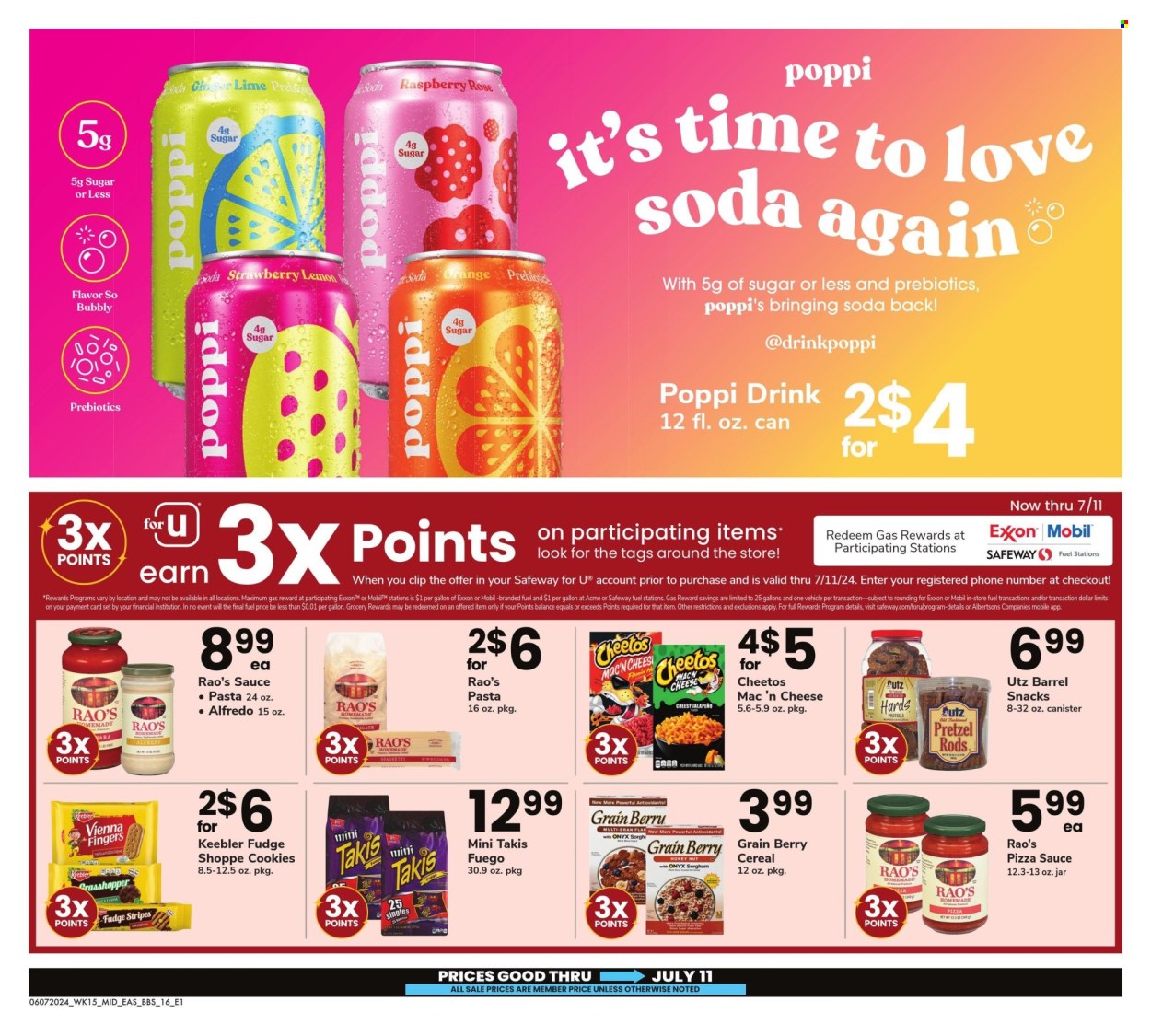 thumbnail - Safeway Flyer - 06/07/2024 - 07/11/2024 - Sales products - pretzels, ginger, jalapeño, spaghetti, snack, pasta, cookies, vienna fingers, Keebler, Cheetos, sugar, pizza sauce, cereals, vehicle, rose. Page 16.