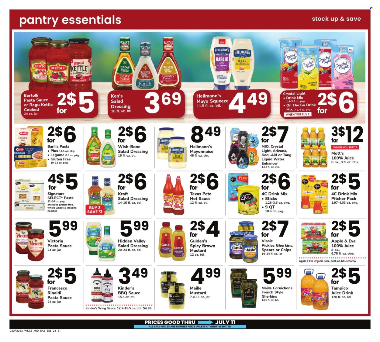 thumbnail - Safeway Flyer - 06/07/2024 - 07/11/2024 - Sales products - bread, Mott's, steak, spaghetti, pasta sauce, pasta, Barilla, noodles, lasagna meal, Kraft®, Bertolli, spaghetti sauce, cage free eggs, mayonnaise, Hellmann’s, chips, pickles, pickled gherkins, cornichons, pickled vegetables, chickpeas, BBQ sauce, french dressing, mustard, salad dressing, hot sauce, dressing, sauce, wing sauce, syrup, lemonade, fruit drink, ice tea, AriZona, fruit punch, powder drink, pitcher, Victor. Page 24.