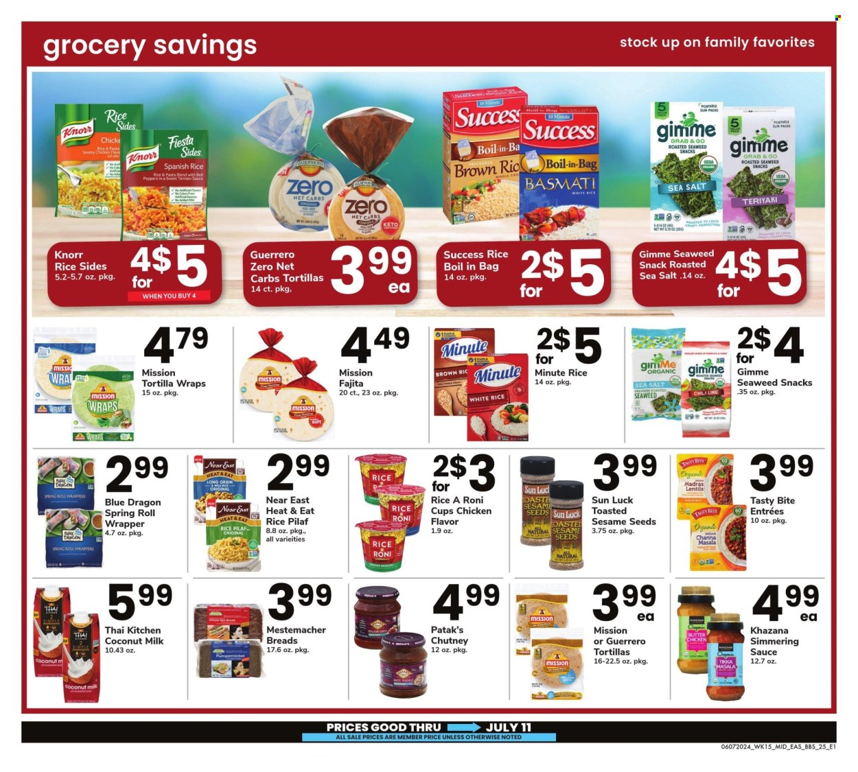 thumbnail - Safeway Flyer - 06/07/2024 - 07/11/2024 - Sales products - tortillas, wraps, rye bread, snack, pasta, Knorr, fajita, Tikka Masala, ready meal, rice sides, cheddar, cheese, plant-based milk, sea salt, coconut milk, lentils, basmati rice, white rice, rice paper, chutney, wrapper, cup. Page 25.