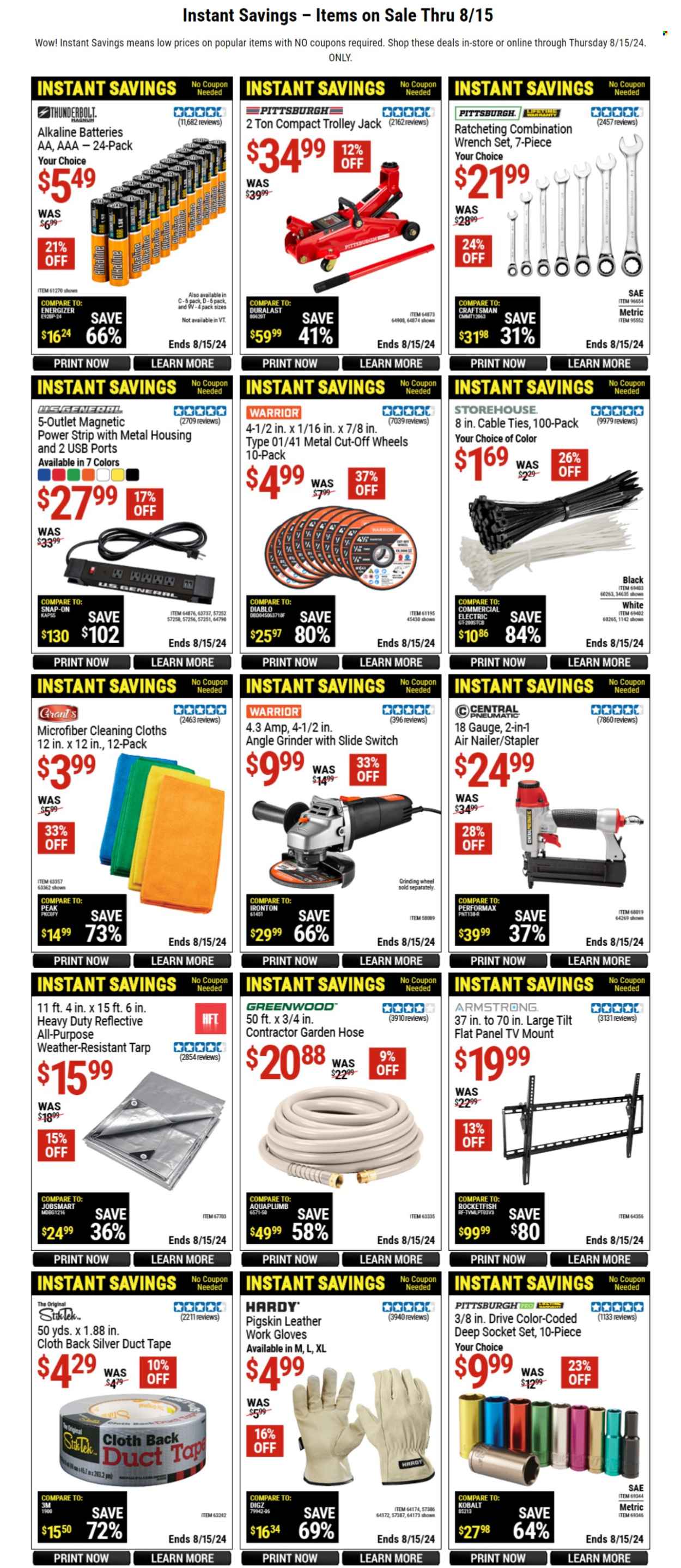 thumbnail - Harbor Freight Flyer - 06/11/2024 - 08/15/2024 - Sales products - power strip, battery, Energizer, AAA batteries, aa batteries, Rocketfish, wrench, angle grinder, grinding wheel, socket set, wrench set, gloves, work gloves, trolley, duct tape, cable tie, gauge, weather-resistant tarp, garden hose, Duralast, central pneumatic. Page 1.