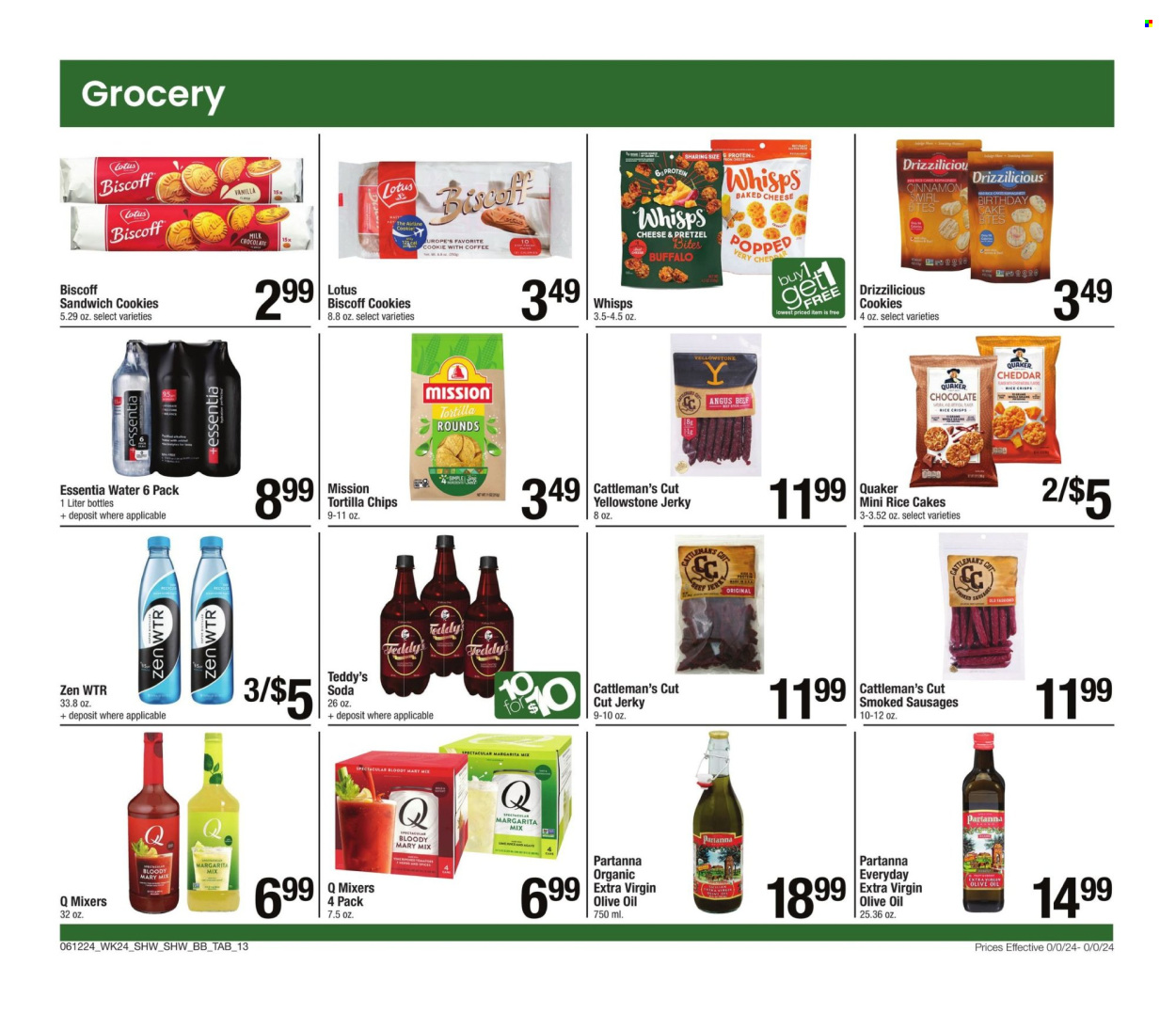 thumbnail - Shaw’s Flyer - 06/12/2024 - 07/11/2024 - Sales products - pretzels, cinnamon roll, birthday cake, rice cakes, Quaker, ready meal, jerky, sausage, smoked sausage, sandwich cookies, cookies, milk chocolate, tortilla chips, rice crisps, crisps, cinnamon, extra virgin olive oil, olive oil, oil, soda, bottled water, water, Margarita Mix, Lotus. Page 13.
