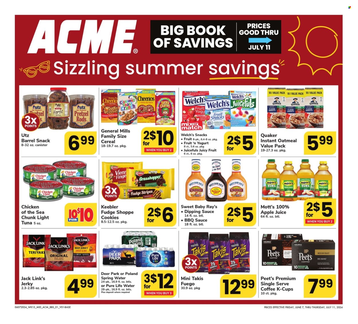 thumbnail - ACME Flyer - 06/07/2024 - 07/11/2024 - Sales products - pretzels, Welch's, Mott's, tuna, snack, Quaker, beef jerky, jerky, yoghurt, cookies, fruit snack, Keebler, General Mills, Jack Link's, salty snack, oatmeal, canned tuna, light tuna, Chicken of the Sea, canned fish, Cheerios, mint, BBQ sauce, apple juice, juice, spring water, Pure Life Water, coffee, coffee capsules, K-Cups, Keurig. Page 1.