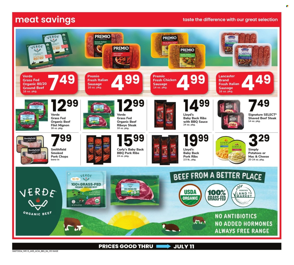 thumbnail - ACME Flyer - 06/07/2024 - 07/11/2024 - Sales products - potatoes, sausage, chicken sausage, italian sausage, smoked pork, beef meat, beef steak, steak, beef tenderloin, ribeye steak, ribs, pork chops, pork meat, pork ribs, pork back ribs. Page 6.