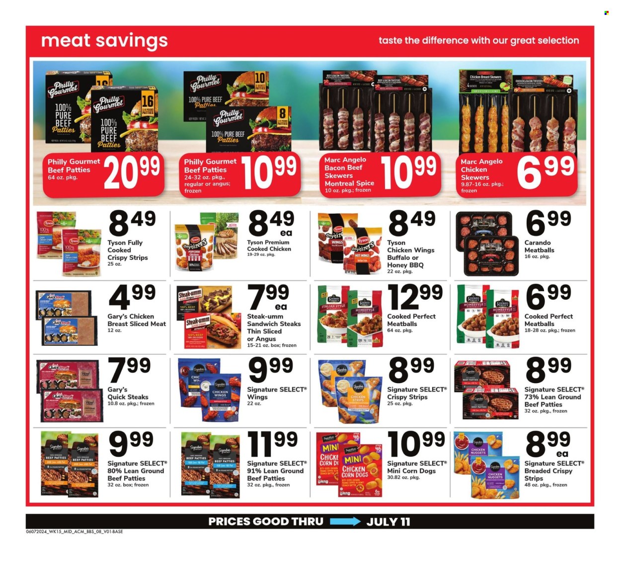 thumbnail - ACME Flyer - 06/07/2024 - 07/11/2024 - Sales products - meatballs, nuggets, chicken nuggets, chicken bites, chicken strips, burger patties, ready meal, breaded chicken, ham, sliced meat, chicken frankfurters, frankfurters, chicken wings, strips, chicken corn, spice, meat skewer, beef meat, Signal. Page 8.