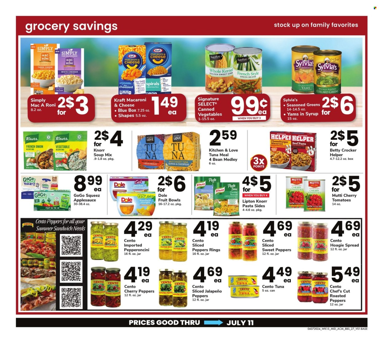thumbnail - ACME Flyer - 06/07/2024 - 07/11/2024 - Sales products - corn, collard greens, green beans, sweet peppers, sweet potato, tomatoes, potatoes, soup mix, Dole, jalapeño, mandarines, fruit cup, tuna, macaroni & cheese, Knorr, cheeseburger, pasta sides, Kraft®, ready meal, strips, canned vegetables, quinoa, chickpeas, pepper, apple sauce, juice, Lipton, baby food pouch, baby snack, calcium. Page 27.