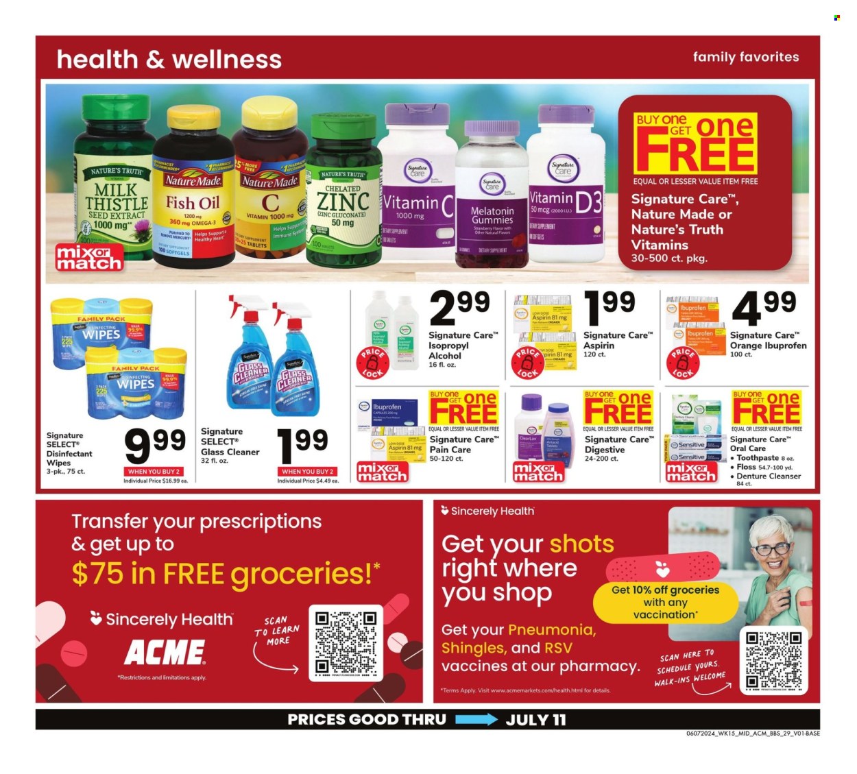 thumbnail - ACME Flyer - 06/07/2024 - 07/11/2024 - Sales products - cleansing wipes, wipes, cleaner, glass cleaner, toothpaste, denture cleanser, fish oil, Melatonin, Nature Made, Nature's Truth, vitamin c, Ibuprofen, Omega-3, zinc, Antacid, vitamin D3, Low Dose, aspirin, dietary supplement, pain therapy, vitamins. Page 29.