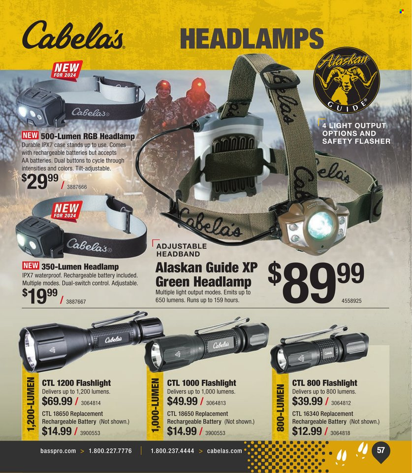 thumbnail - Bass Pro Shops Flyer - Sales products - battery, AA batteries, headband, flashlight, headlamp. Page 57.