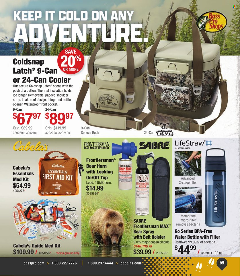 thumbnail - Bass Pro Shops Flyer - Sales products - drink bottle, Bass Pro, strap. Page 59.