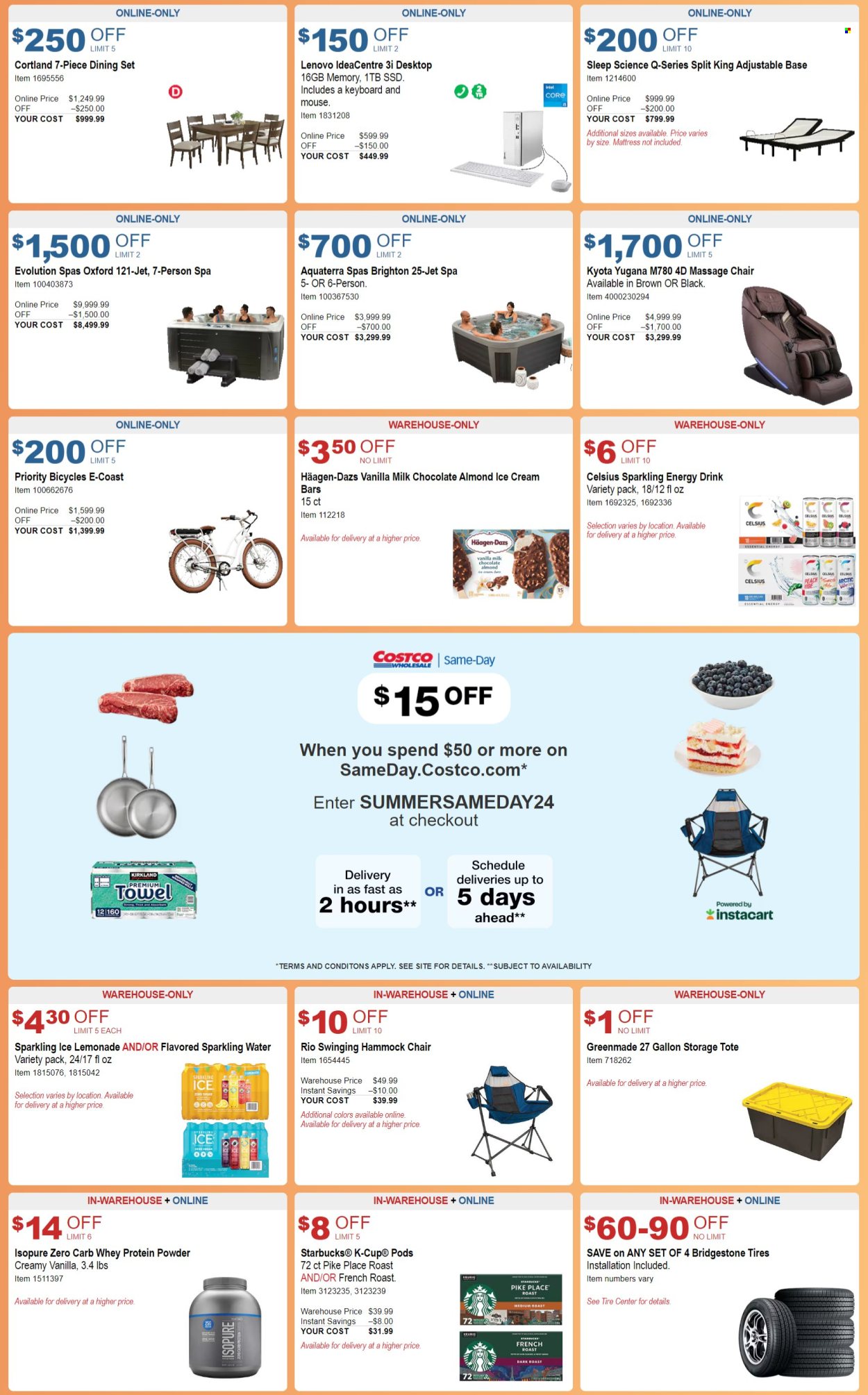 thumbnail - Costco Flyer - 06/19/2024 - 07/21/2024 - Sales products - dining set, chair, mattress, Intel, Lenovo, roast, ice cream, ice cream bars, Häagen-Dazs, lemonade, energy drink, flavored water, sparkling water, water, Starbucks, coffee capsules, K-Cups, Keurig, Jet, keyboard, towel, mouse, massage chair, bicycle, storage tote, hammock, Bridgestone, tires, whey protein. Page 2.