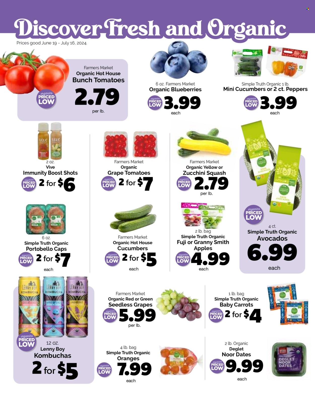 thumbnail - Harris Teeter Flyer - 06/19/2024 - 07/16/2024 - Sales products - portobello mushrooms, carrots, cucumber, tomatoes, zucchini, peppers, apples, avocado, blueberries, seedless grapes, oranges, Granny Smith, dried dates, Boost. Page 4.