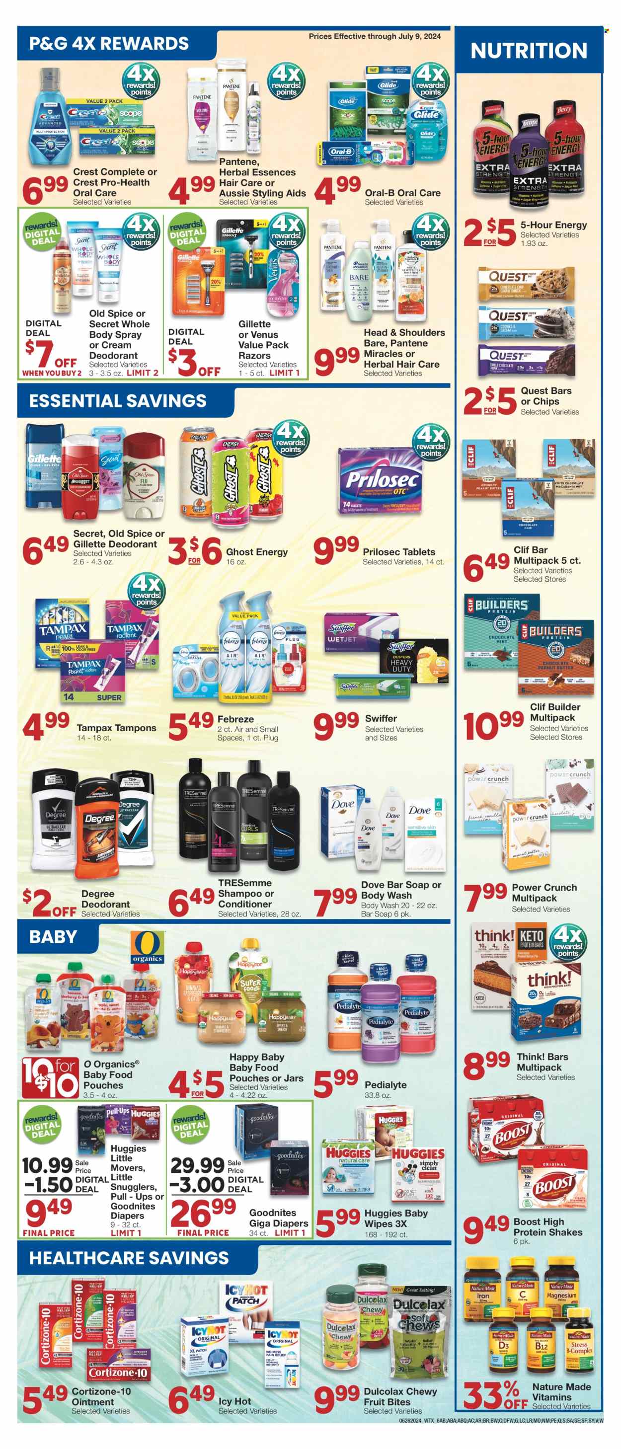thumbnail - Market Street Flyer - 06/26/2024 - 07/02/2024 - Sales products - protein drink, shake, Dove, chips, protein bar, energy bar, Pedialyte, Boost, baby food pouch, baby food jar, ointment, wipes, Febreze, Swiffer, body wash, shampoo, Old Spice, soap bar, soap, hair products, Oral-B, Crest, Tampax, tampons, Aussie, conditioner, TRESemmé, Head & Shoulders, Pantene, Herbal Essences, body spray, deodorant, Degree, Gillette, razor, Venus, jar, Dulcolax, Nature Made, nutritional supplement, dietary supplement, pain therapy, Cortizone, vitamins. Page 6.
