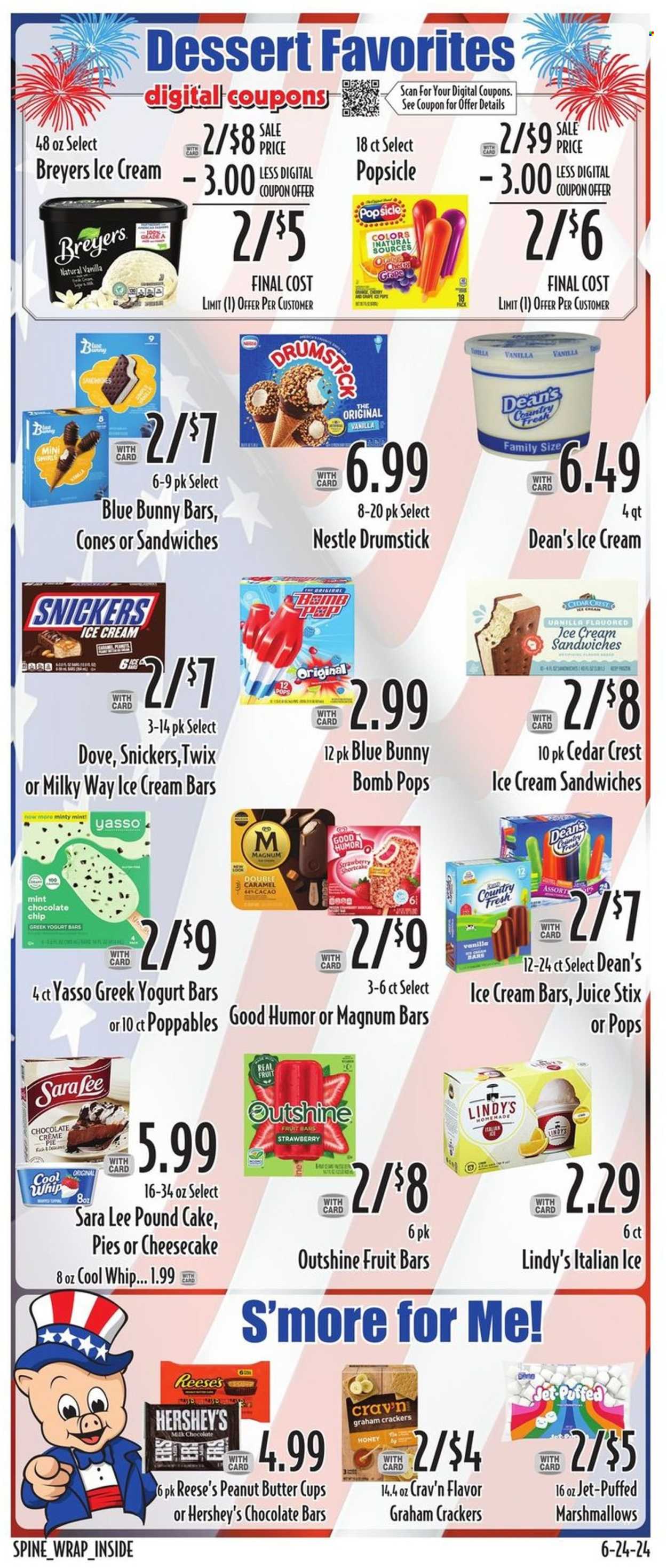 thumbnail - Piggly Wiggly Flyer - 06/26/2024 - 07/04/2024 - Sales products - cake, pie, Sara Lee, pound cake, dessert, greek yoghurt, Cool Whip, Dove, Magnum, ice cream, ice cream bars, ice cream sandwich, Reese's, Hershey's, Blue Bunny, fruit bar, ice cones, popsicle, graham crackers, milk chocolate, Nestlé, Milky Way, Twix, crackers, peanut butter cups, chocolate bar, salty snack, juice. Page 6.