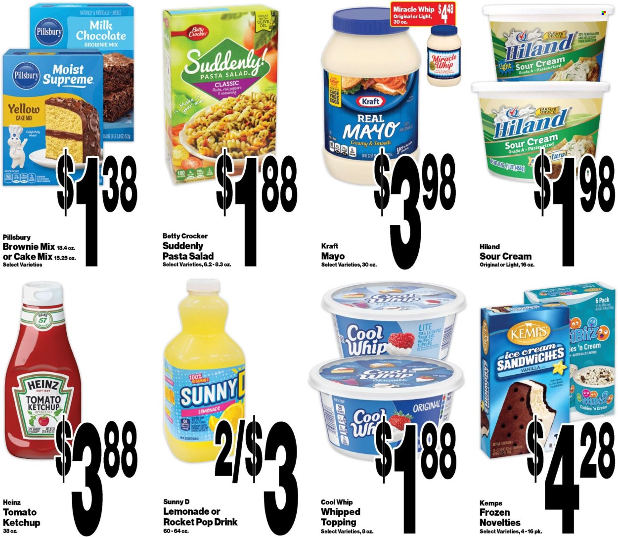 thumbnail - Super Saver Flyer - 06/26/2024 - 07/04/2024 - Sales products - brownie mix, cake mix, rocket, Pillsbury, Kraft®, pasta salad, Kemps, eggs, cage free eggs, Cool Whip, sour cream, mayonnaise, Miracle Whip, ice cream, ice cream bars, ice cream sandwich, milk chocolate, topping, baking mix, Heinz, seasoning, ketchup, lemonade, fruit drink, Sunny D. Page 7.