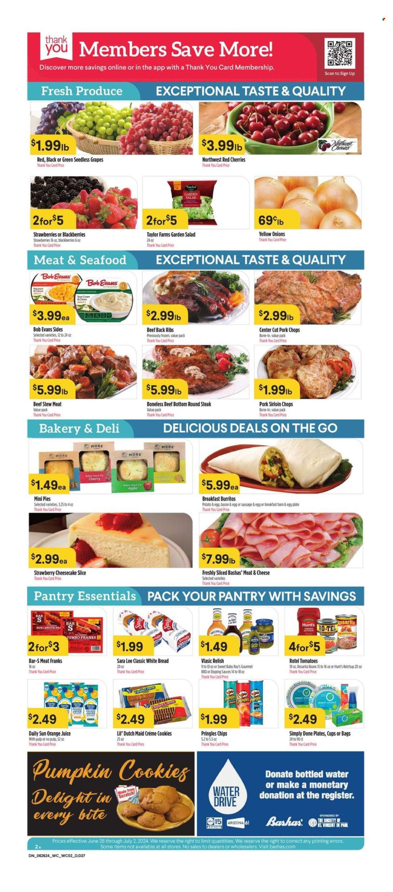 thumbnail - Bashas' Diné Markets Flyer - 06/26/2024 - 07/02/2024 - Sales products - stew meat, bread, white bread, pie, Sara Lee, cheesecake, macaroons, salad greens, tomatoes, onion, salad, blackberries, grapes, seedless grapes, burrito, Bob Evans, ready meal, bacon, ham, frankfurters, eggs, cookies, Pringles, chips, salty snack, refried beans, canned vegetables, relish, ketchup, orange juice, juice, AriZona, bottled water, water, beef meat, steak, round steak, ribs, pork chops, pork loin, pork meat, plate, cup. Page 2.
