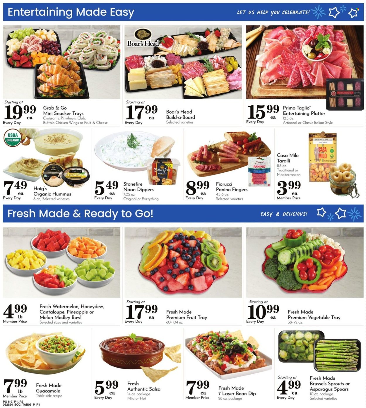 thumbnail - Pavilions Flyer - 06/26/2024 - 07/04/2024 - Sales products - croissant, beans, cantaloupe, mixed vegetables, brussel sprouts, watermelon, honeydew, fruit mix, melons, diced fruit, Boar's Head, salami, hummus, guacamole, Milo, dip, chicken wings, salsa. Page 6.