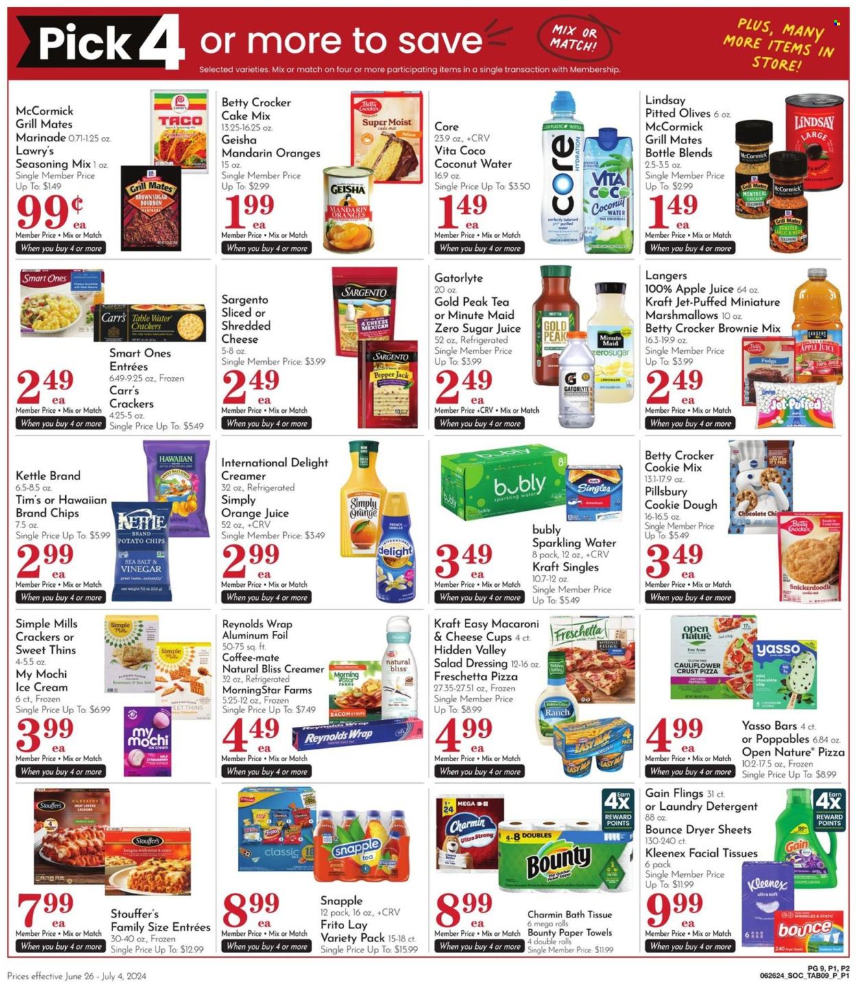 thumbnail - Pavilions Flyer - 06/26/2024 - 07/04/2024 - Sales products - brownie mix, cake mix, mandarines, macaroni & cheese, pizza, pasta, Pillsbury, lasagna meal, Kraft®, ready meal, sandwich slices, Pepper Jack cheese, Kraft Singles, Sargento, Coffee-Mate, creamer, coffee and tea creamer, ice cream, Stouffer's, Bounty, crackers, Fritos, potato chips, Thins, salty snack, almond flour, baking mix, spice, seasoning, salad dressing, dressing, marinade, apple juice, lemonade, orange juice, juice, ice tea, coconut water, Snapple, Gold Peak Tea, electrolyte drink, sparkling water, purified water, alcohol, bath tissue, Kleenex, kitchen towels, paper towels, Charmin, detergent, Gain, laundry detergent, Bounce, dryer sheets, facial tissues. Page 9.