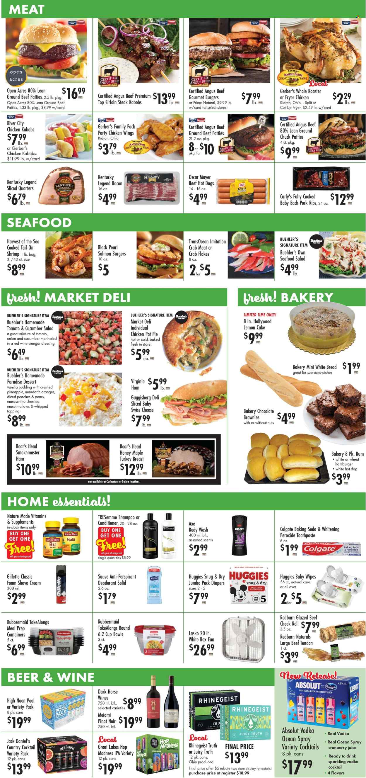 thumbnail - Buehler's Flyer - 06/26/2024 - 07/02/2024 - Sales products - bread, white bread, cake, buns, pot pie, brownies, dessert, onion, salad, mandarines, pears, shrimps, crab sticks, hot dog, Jack Daniel's, hamburger, chicken kabobs, burger patties, Boar's Head, kabobs, bacon, turkey breast, ham, hickory bacon, Oscar Mayer, seafood salad, swiss cheese, pudding, chicken wings, marshmallows, bicarbonate of soda, topping, Maraschino cherries, vinegar, wine vinegar, cranberry juice, juice, Pinot Noir, whiskey, Absolut, Hard Seltzer, beer, IPA, Rhinegeist, meat skewer, turkey, beef sirloin, ground beef, ground chuck, steak, sirloin steak, beef tendon, fish burger, pork meat, pork ribs, pork back ribs, wipes, Huggies, baby wipes, nappies, body wash, shampoo, Suave, Colgate, toothpaste, conditioner, TRESemmé, anti-perspirant, deodorant, Axe, Gillette, shave cream, cup, bowl, container, storage container, Nature Made, dietary supplement, vitamins. Page 3.