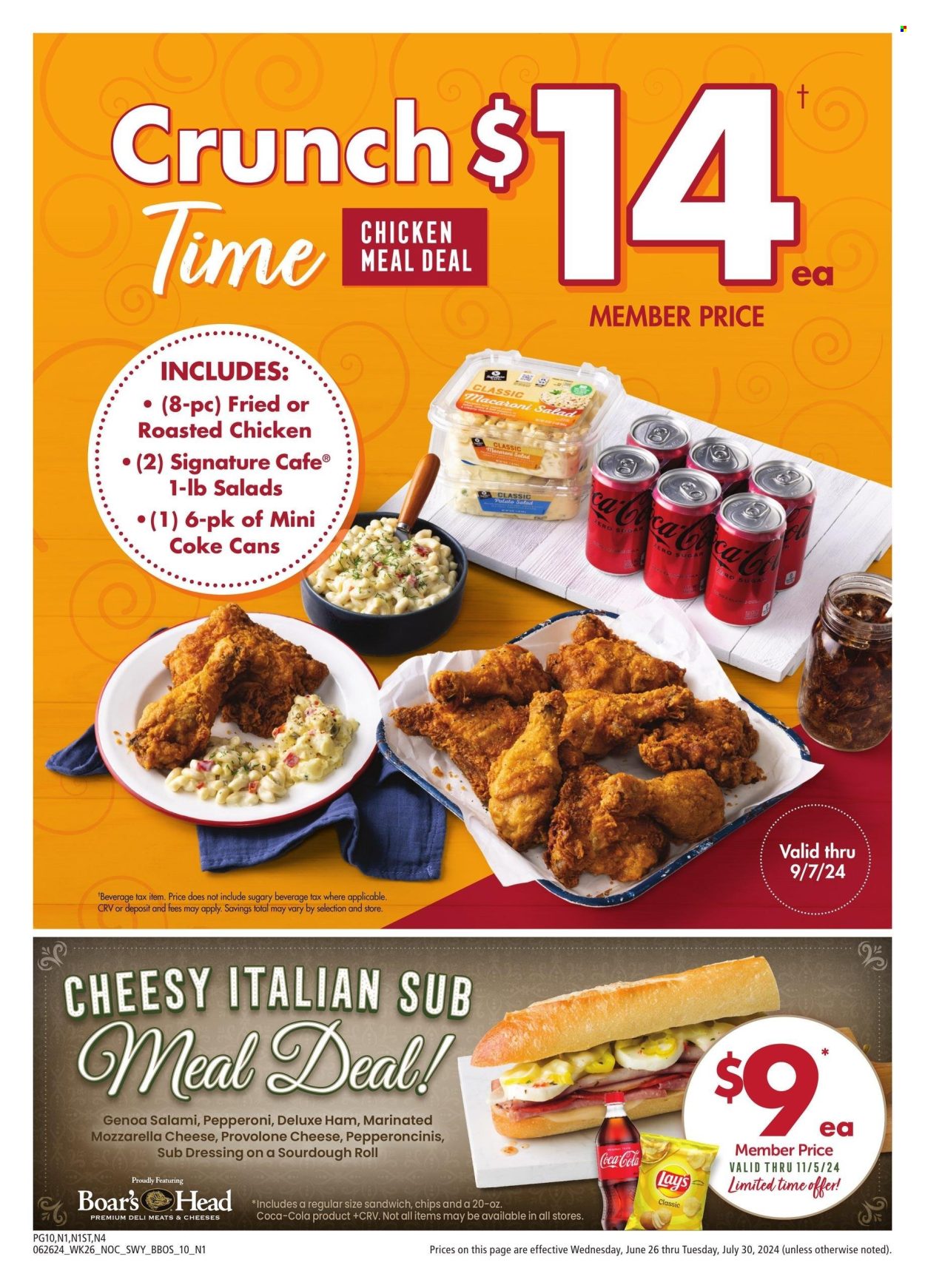 thumbnail - Safeway Flyer - 06/26/2024 - 07/30/2024 - Sales products - pastries, salad, chicken roast, sandwich, pasta, macaroni salad, pasta salad, ready meal, salami, ham, mozzarella, Provolone, chips, Lay’s, dressing, Coca-Cola, soft drink, Coke, carbonated soft drink. Page 10.