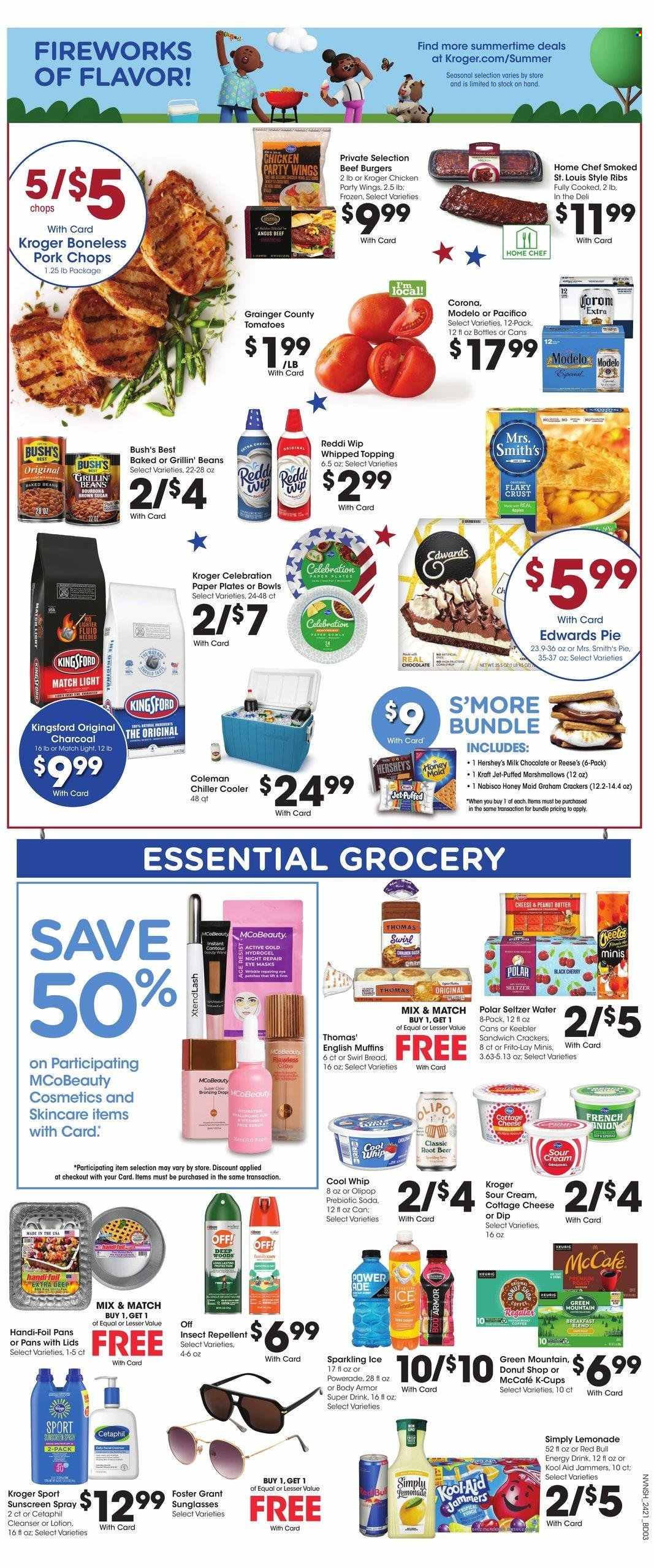 thumbnail - Kroger Flyer - 06/26/2024 - 07/04/2024 - Sales products - plate, bowl, paper plate, paper bowl, Reese's, Hershey's, milk chocolate, lemonade, cottage cheese, cheese, sour cream, dip, pan, grill accessories, sunglasses, hamburger, beef burger, pork chops, pork meat, beans, baked beans, pie, topping, seltzer water, water, Cool Whip, repellent, coffee, coffee capsules, McCafe, K-Cups, Green Mountain, beer, Corona Extra, Modelo, ribs, tomatoes, sunscreen lotion, english muffins, Kingsford, charcoal, flavored water. Page 4.