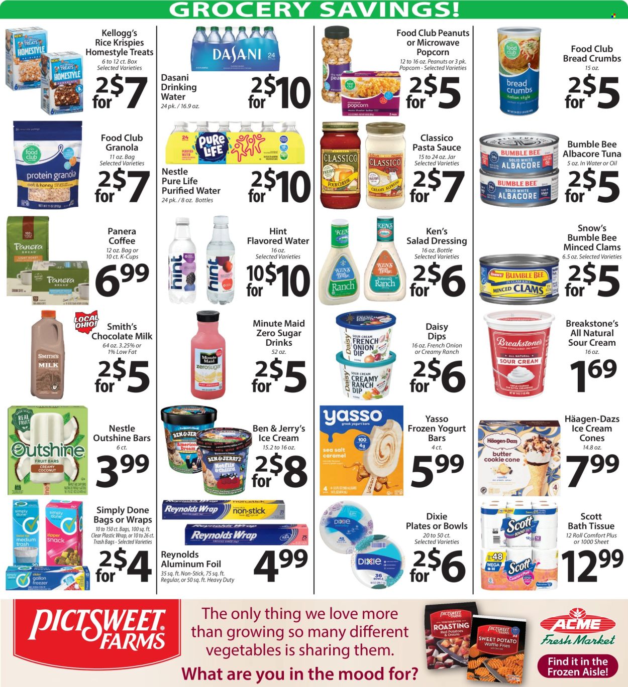 thumbnail - ACME Fresh Market Flyer - 06/27/2024 - 07/03/2024 - Sales products - wraps, breadcrumbs, clams, tuna, pasta sauce, Bumble Bee, spaghetti sauce, flavoured milk, sour cream, dip, ice cream, ice cream bars, Häagen-Dazs, Ben & Jerry's, frozen yoghurt, fruit bar, ice cones, Nestlé, Kellogg's, Smith's, popcorn, granola, salad dressing, dressing, peanuts, fruit drink, flavored water, purified water, water, coffee capsules, K-Cups, bath tissue, Scott, trash bags. Page 6.