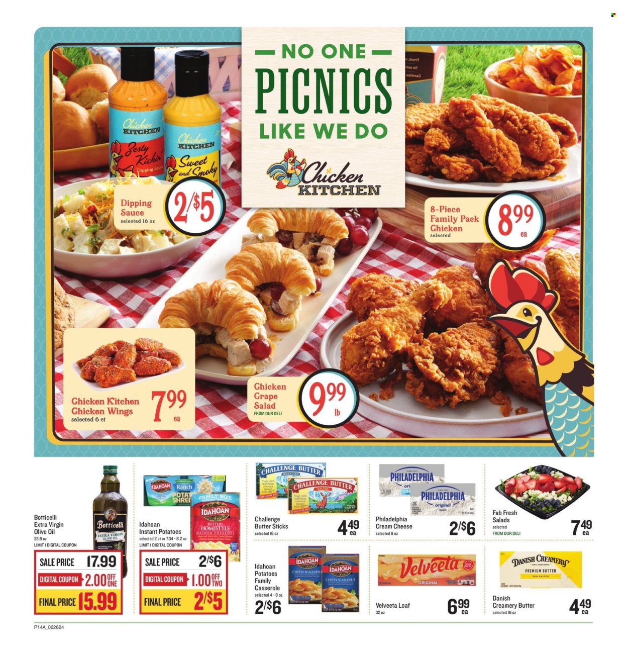 thumbnail - Lowes Foods Flyer - 06/26/2024 - 07/04/2024 - Sales products - salad, mashed potatoes, casserole, cream cheese, Philadelphia, cheese, Velveeta, chicken wings, sauce, extra virgin olive oil, olive oil, oil, Fab. Page 14.