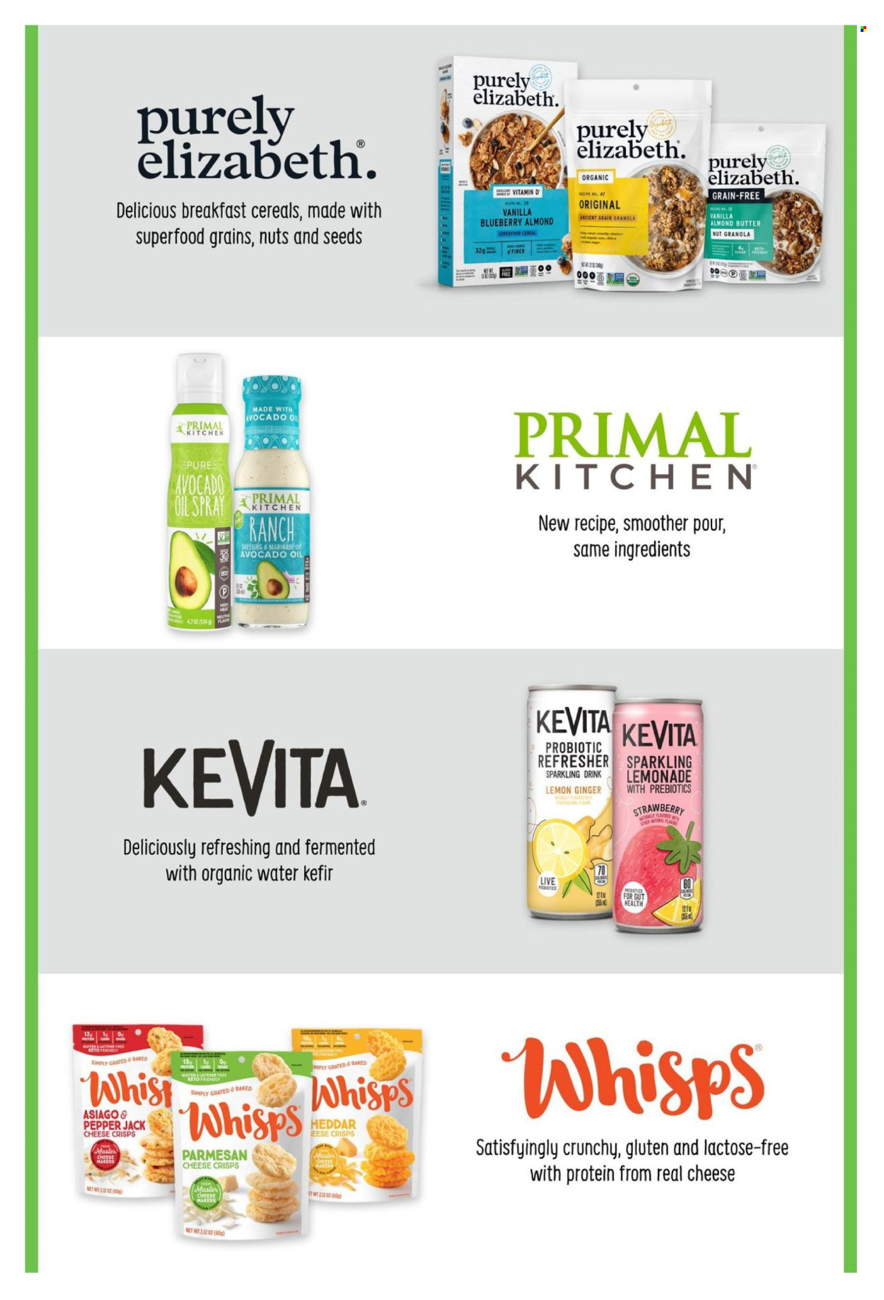thumbnail - Sprouts Flyer - 06/26/2024 - 07/23/2024 - Sales products - asiago, parmesan, Pepper Jack cheese, kefir, almond butter, ranch dressing, crisps, cereals, granola, dressing, marinade, lemonade, water, KeVita, refresher, Primal. Page 13.