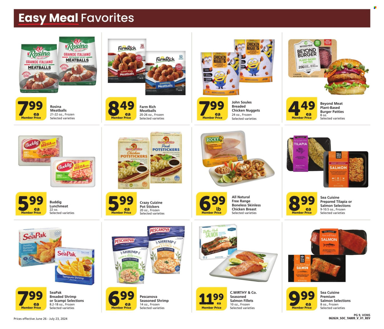 thumbnail - Vons Flyer - 06/26/2024 - 07/23/2024 - Sales products - chicken breasts, hamburger, burger patties, fish fillets, salmon fillet, tilapia, seafood, shrimps, meatballs, nuggets, pasta, chicken nuggets, veggie burger, ready meal, plant based ready meal, breaded chicken, plant based product, breaded shrimps, lunch meat, salted butter, gyoza, rice, sauce, Minions, sticker. Page 9.