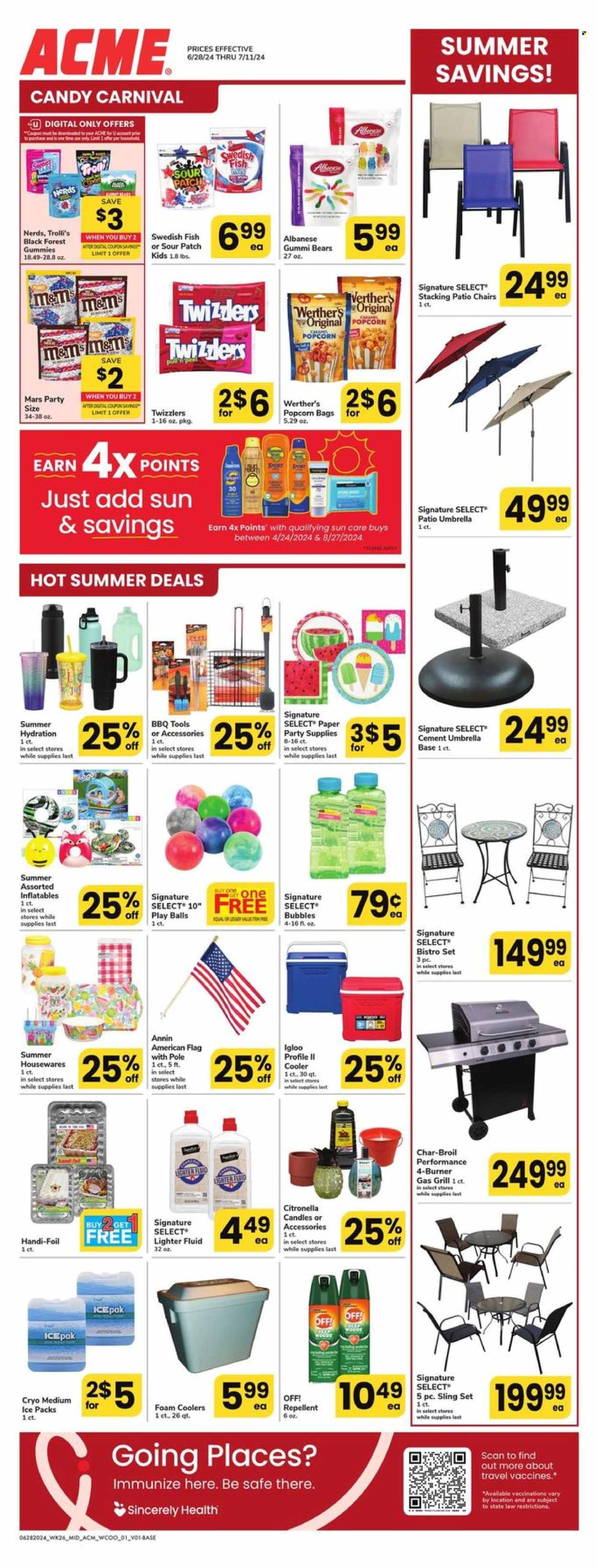 thumbnail - ACME Flyer - 06/28/2024 - 07/11/2024 - Sales products - Mars, M&M's, jelly candy, Sour Patch, Candy, Werther's Original, sweets, gummies, popcorn, sun care, bag, repellent, houseware, paper, candle, party supplies, flag, umbrella. Page 1.