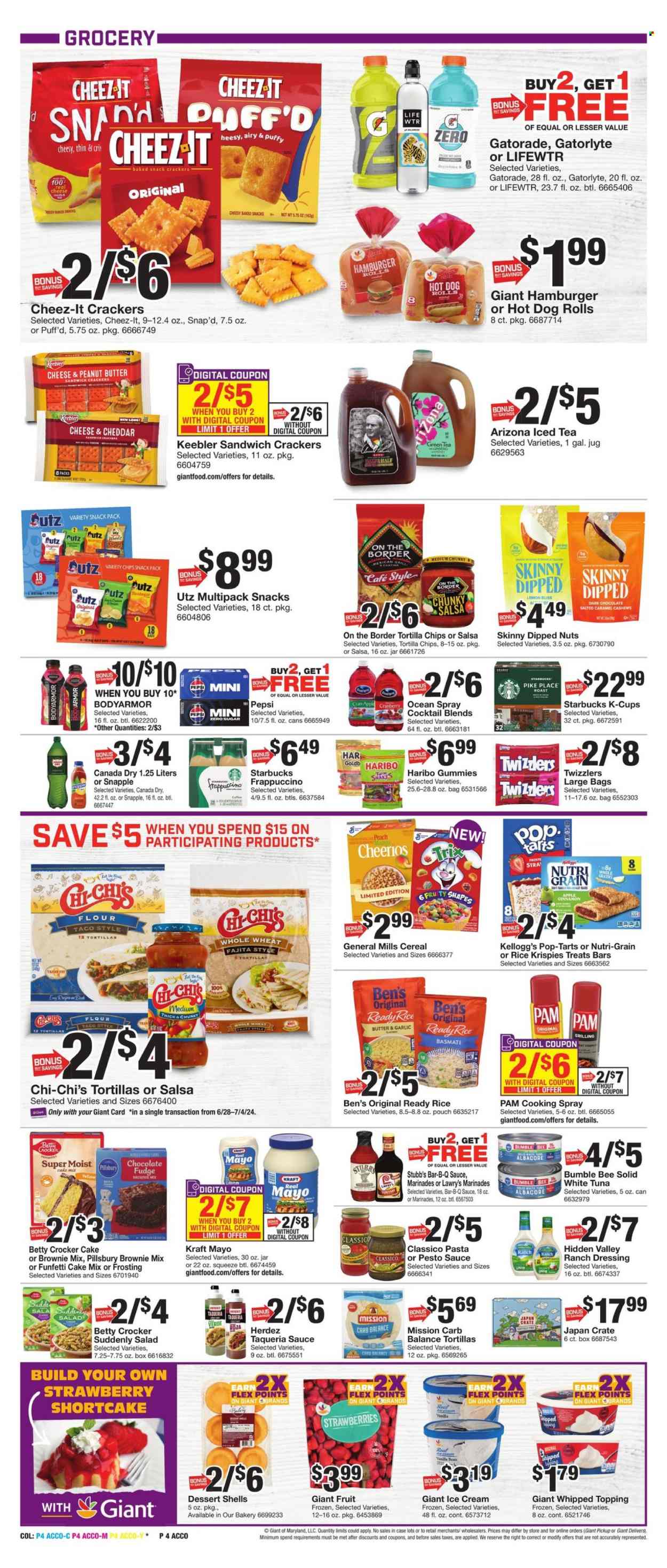 thumbnail - Giant Food Flyer - 06/28/2024 - 07/04/2024 - Sales products - hot dog rolls, cake, burger buns, sandwich rolls, dessert shells, dessert, brownie mix, cake mix, salad, lemons, tuna, Bumble Bee, Pillsbury, fajita, Kraft®, roast, ready meal, rice sides, snack bar, ranch dressing, ice cream, Haribo, crackers, Kellogg's, Pop-Tarts, Keebler, General Mills, sweets, gummies, tortilla chips, Cheez-It, salty snack, frosting, baking mix, canned tuna, Uncle Ben's, canned fish, cereals, Cheerios, Trix, Nutri-Grain, basmati rice, cinnamon, pesto, dressing, marinade, Classico, cooking spray, cashews, Canada Dry, ginger ale, Pepsi, juice, fruit drink, ice tea, soft drink, AriZona, Snapple, Gatorade, electrolyte drink, bottled water, purified water, Lifewtr, water, carbonated soft drink, coffee drink, Starbucks, coffee capsules, K-Cups, frappuccino, crate, book, ginseng. Page 6.