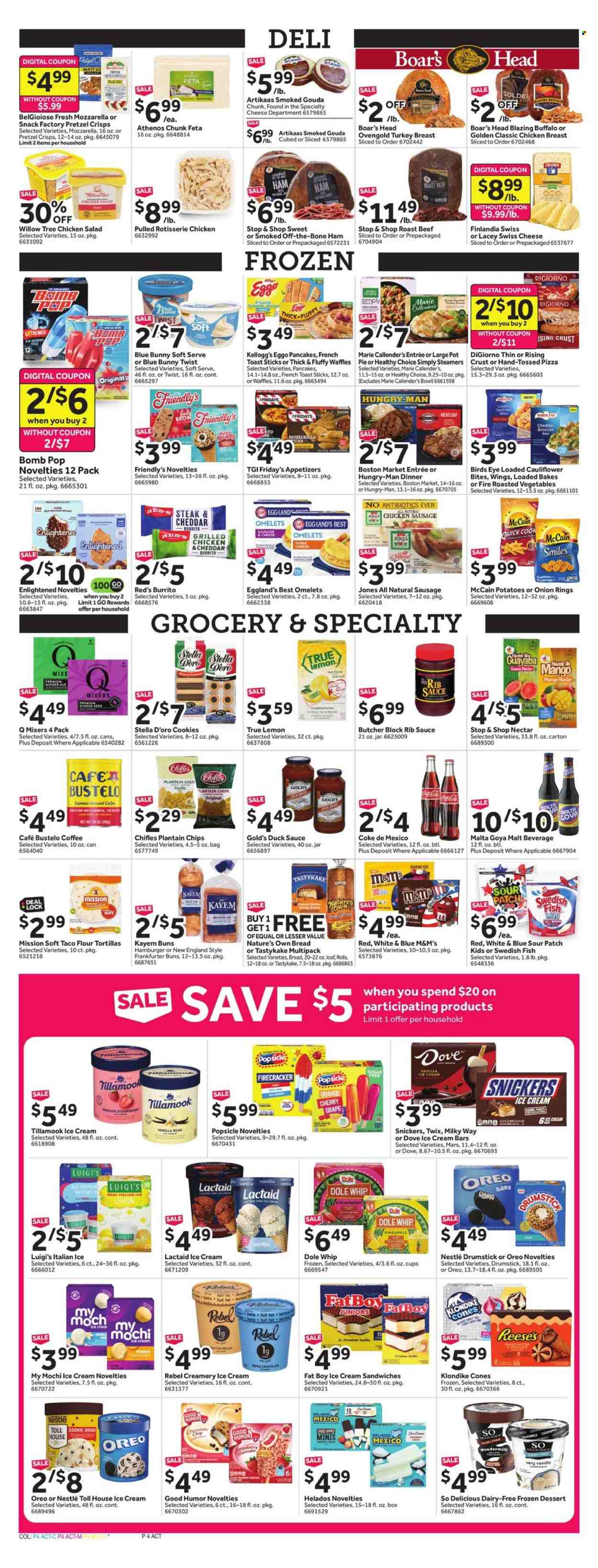 thumbnail - Stop & Shop Flyer - 06/28/2024 - 07/04/2024 - Sales products - hot dog rolls, buns, burger buns, Nature’s Promise, sandwich rolls, hawaiian rolls, salad, marinated chicken, macaroni & cheese, pasta sauce, macaroni, Knorr, fried chicken, beef burger, lasagna meal, pasta sides, Kraft®, Kingsford, spaghetti sauce, Boar's Head, ready meal, rice sides, Dietz & Watson, italian meat, chicken sausage, frankfurters, potato salad, lunch meat, mozzarella, sliced cheese, Velveeta, butter, sour cream, potato chips, baked beans, caramel, Canada Dry, Capri Sun, ginger ale, lemonade, Pepsi, fruit drink, ice tea, soft drink, 7UP, Snapple, Gold Peak Tea, Country Time, Rockstar, Sunny D, seltzer water, water, carbonated soft drink, coffee drink, Maxwell House, Pure Leaf, napkins, aluminium foil, bowl, paper plate, party cups, plastic cup, charcoal. Page 4.