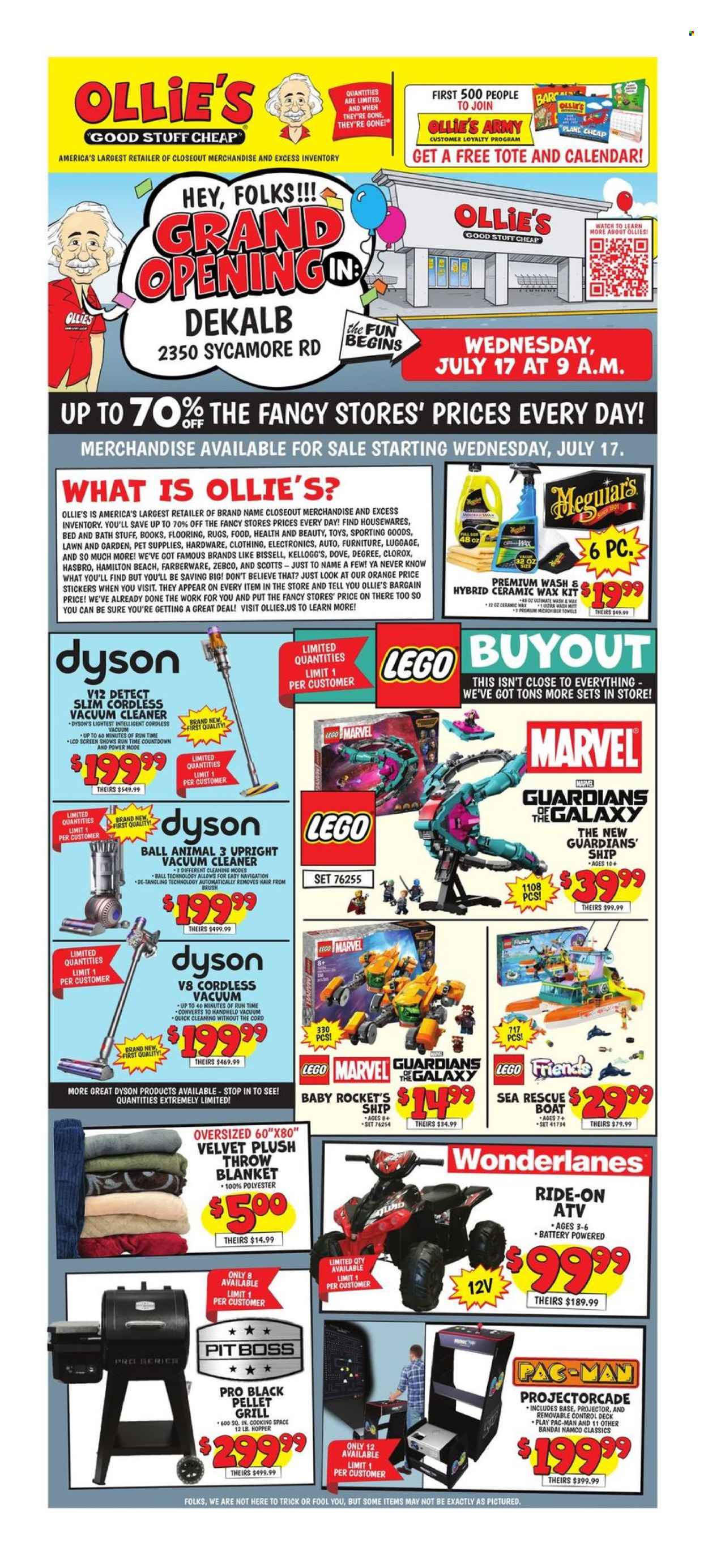 thumbnail - Ollie's Bargain Outlet Flyer - 07/17/2024 - 07/24/2024 - Sales products - Dove, Kellogg's, Marvel, calendar, sticker, blanket, Dyson, Bissell, vacuum cleaner, handheld vacuum cleaner, tote, luggage, watch, building blocks, LEGO, LEGO Friends, Hasbro, toys, boat, projector, flooring, rug, microfiber towel. Page 1.