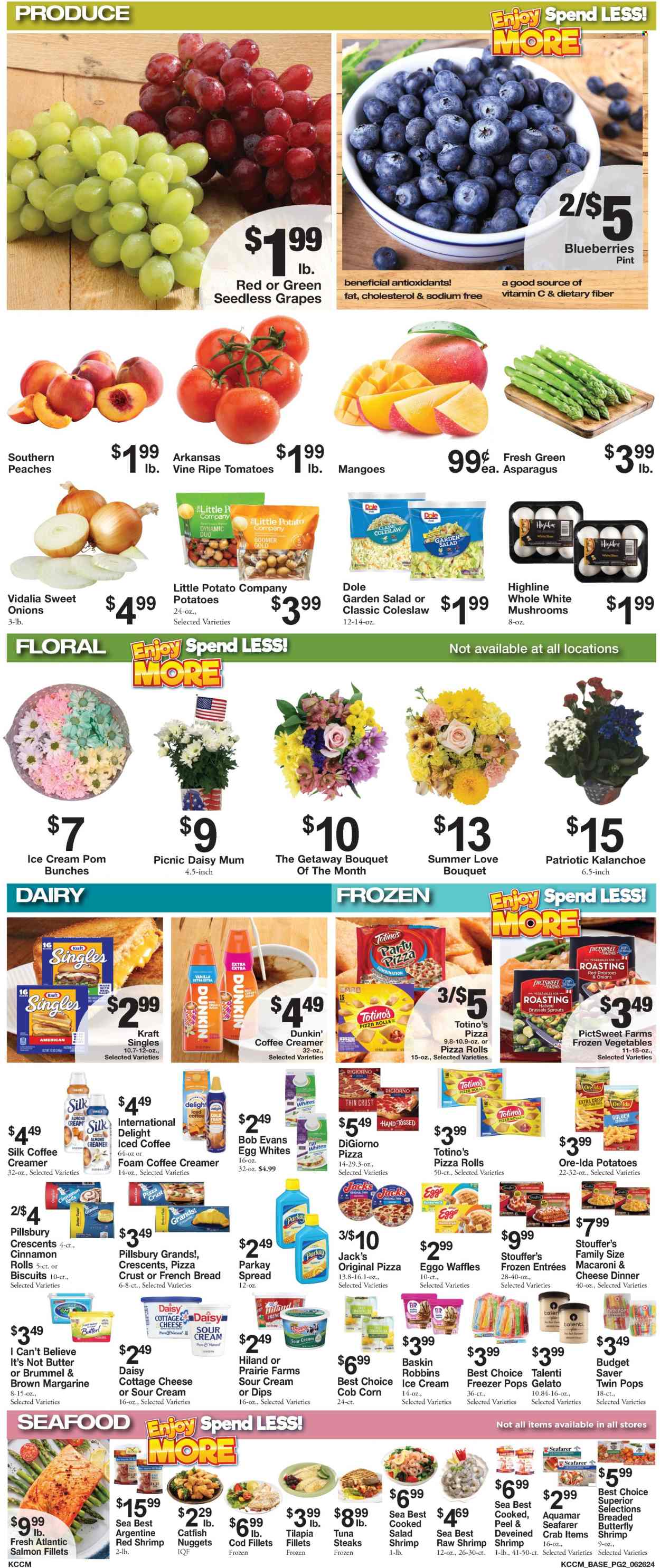 thumbnail - Bratchers Market Flyer - 06/26/2024 - 07/09/2024 - Sales products - bread, pizza rolls, cinnamon roll, crescent rolls, waffles, coleslaw, salad greens, onion, salad, Dole, brussel sprouts, sweet corn, red potatoes, grapes, seedless grapes, peaches, catfish, cod, fish fillets, salmon, salmon fillet, tilapia, tuna, seafood, crab, shrimps, fish nuggets, catfish nuggets, macaroni & cheese, pizza, pasta, Pillsbury, lasagna meal, Kraft®, Bob Evans, ready meal, cottage cheese, sandwich slices, Kraft Singles, Silk, eggs, margarine, I Can't Believe It's Not Butter, sour cream, coffee and tea creamer, pizza dough, refrigerated dough, ice cream, ice cream bars, Talenti Gelato, gelato, popsicle, frozen vegetables, Stouffer's, potato fries, Ore-Ida, biscuit, topping, iced coffee, coffee drink, chicken, steak, bunches, bouquet, houseplant, kalanchoe, vitamin c. Page 2.