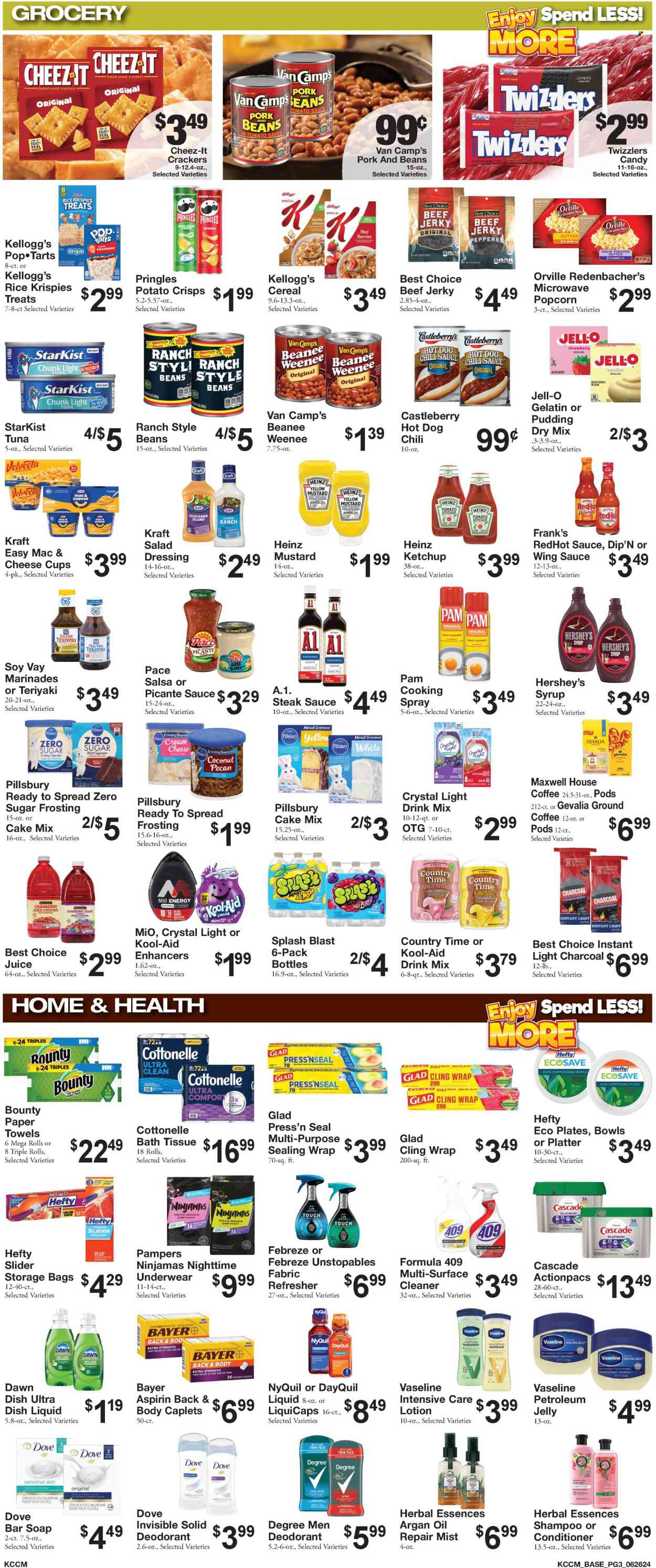 thumbnail - Bratchers Market Flyer - 06/26/2024 - 07/09/2024 - Sales products - cupcake, dessert, cake mix, tuna, StarKist, macaroni & cheese, hot dog, Pillsbury, Kraft®, ready meal, beef jerky, jerky, Velveeta, pudding, snack bar, Thousand Island dressing, Dove, Hershey's, Bounty, crackers, Kellogg's, Candy, sweets, potato crisps, Pringles, chips, popcorn, Cheez-It, salty snack, crisps, frosting, Jell-O, baking mix, canned tuna, Heinz, light tuna, canned fish, cereals, mustard, salad dressing, steak sauce, ketchup, chilli sauce, dressing, salsa, marinade, wing sauce, cooking spray, syrup, cranberry juice, lemonade, fruit drink, Country Time, electrolyte drink, powder drink, Maxwell House, coffee, ground coffee, Gevalia, Pampers, nappies, baby pants, petroleum jelly, bath tissue, Cottonelle, kitchen towels, paper towels, Febreze, surface cleaner, cleaner, all purpose cleaner, Cascade, Unstopables, fabric refresher, dishwashing liquid, dishwasher tablets, shampoo, Vaseline, soap bar, soap, hair products, conditioner, refresher, Herbal Essences, body lotion, deodorant, Degree, Hefty, storage bag, clingwrap, charcoal, DayQuil, Cold & Flu, NyQuil, aspirin, Bayer, dietary supplement, vitamins. Page 3.