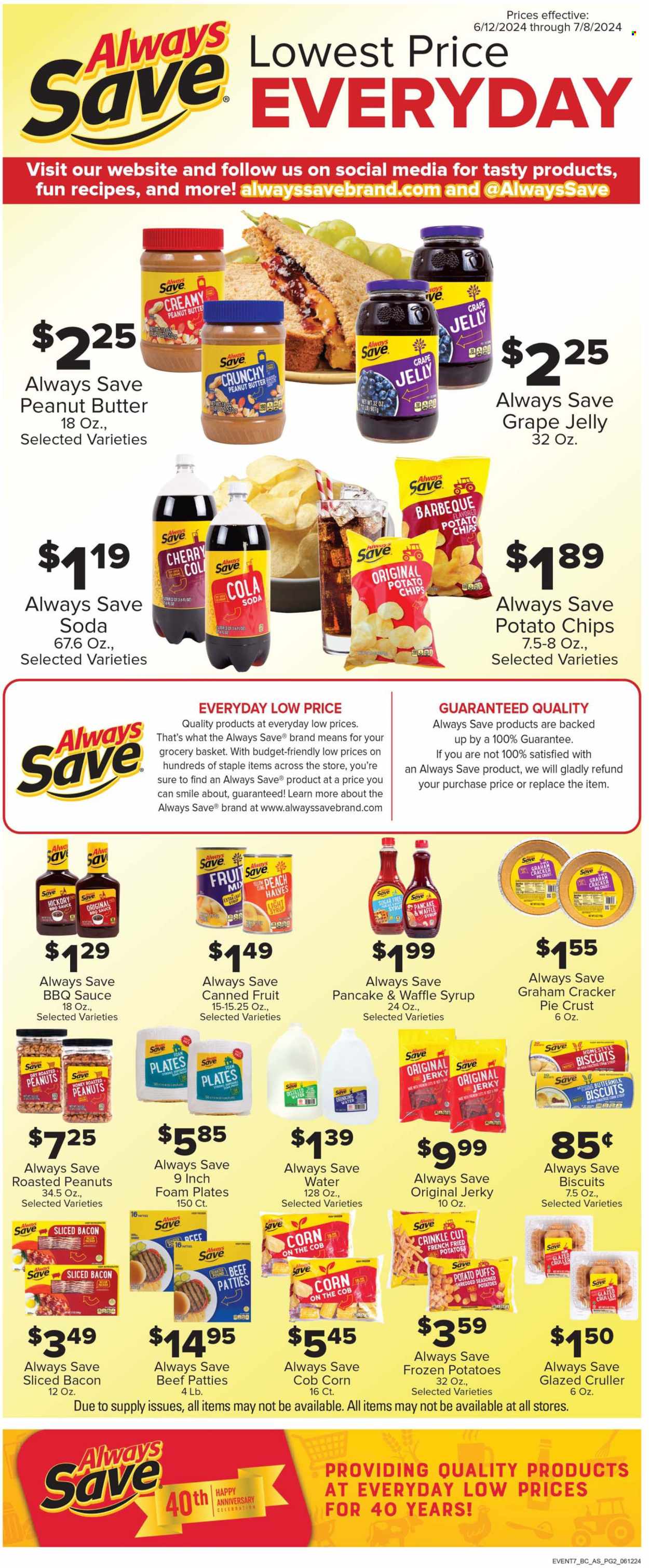 thumbnail - Bratchers Market Flyer - 06/26/2024 - 07/09/2024 - Sales products - puffs, pie crust, burger patties, jerky, jelly, biscuit, potato chips, canned fruit, BBQ sauce, sauce, corn syrup, grape jelly, peanut butter, syrup, roasted peanuts, peanuts, soda, water. Page 8.